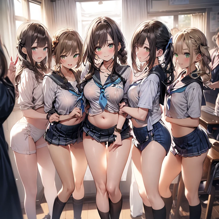 nswf:1.3,(ultra-detailed:1.6,masterpiece: 1.2, highest quality, masterpiece, Clearer images,4K), (Bright colors), ((Take clear photos even from a distance)), (multiple girls), (Harem), (School classmates), (((All school uniforms have the same design))), (((Everyone is wearing the same navy blue skirt))), ((16 years old)), ((prostitution婦)), (prostitution宿, on the bed), (cute Japanese((6 girls))), (((infant'face))), ((group shot)), (group selfie), ((ass visible through thighs))、 (Full body diagram from head to toe), front, frontやや下からの構図, symmetry, 18 year old tall girl, alone, (whole body from head to toe),wide angle, soft light, ((((laugh with your mouth wide open)))), (slightly larger breasts), ((prostitution)), (lure), ((viewers love it)), (((A lot of hearts are flying))), Landscape、(((show panty:1.6)))、((((open legs:1.5)))、((female masturbation:1.8))、((breast grab:1.3)),(((bra lift:1.2)))、(skirt lift:1.3) 、one eye closed、stick out one's crotch、((youth))、black tights、black stockings、black pantyhose、black stockingsックス、standing on one leg