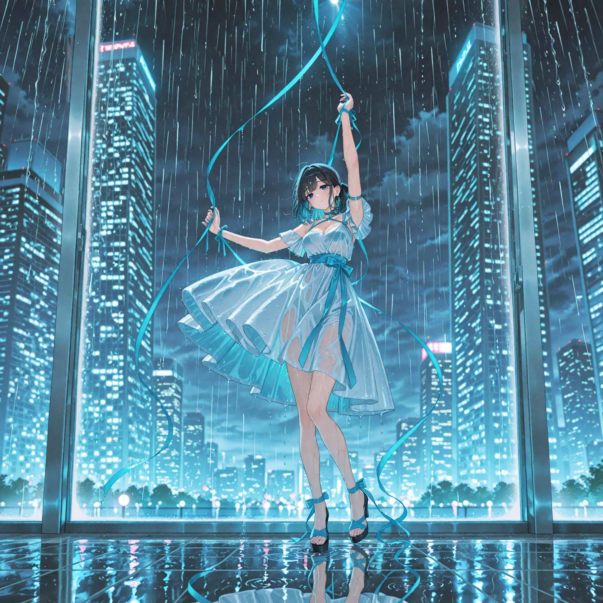 On a rainy day, a long-legged loli wearing a relatively large transparent raincoat with warm light shining down looked at me standing in the rain wearing long tubes of white silk --auto