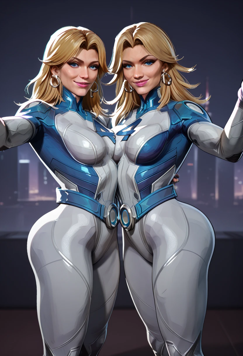 (2heads), crossdressing American man, no facial hair, very feminine face, gold unitard,((very big bulge visible)) , no body hair, long blonde hair, long light brown hair, sexy smile, standing, posing, , very wet skin, huge breasts, ,((huge bulge)), posing on a catwalk at a fashion show
