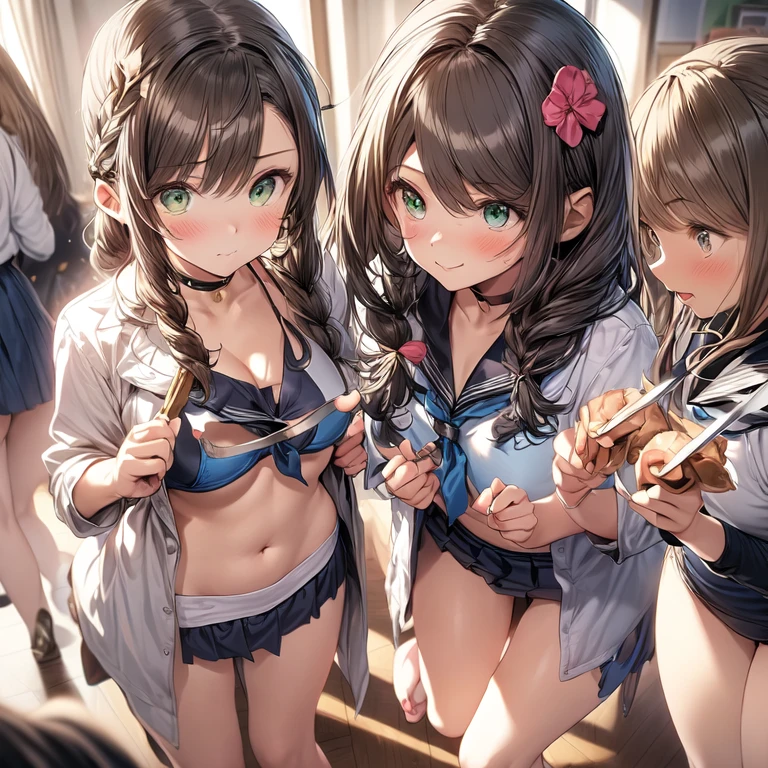 ((masterpiece, highest quality, High resolution, 超High resolution, Pixel Perfect, Written boundary depth, 4k, RTX, Human Development Report))), 1 girl, single, alone, beauty、View the whole body、(masterpiece: 1.2, highest quality, masterpiece, Clearer images), (Bright colors), ((Take clear photos even from a distance)), (Multiple Girls), (Harem), ((((school uniform)))),(School classmates), ((( All school uniforms have the same design))), (((Everyone is wearing the same navy blue skirt))), ((In the classroom)),((16 years old)), (cute Japanese((6 girls))), (((Baby Face))), ((Group shot)), (((Group selfie))),(((Frolicking))),Wide-angle, Soft Light,  (Slightly larger breasts), ((Audiences love it)), Landscape、((breast grab:1.3)),(((bra lift:1.2)))、((Green Eyes, Beautiful eyelashes, Realistic eyes)), ((Detailed face, blush:1.2)), ((Smooth texture:0.75, Vibrant Texture:0.65, Vibrant:1.1, Anime CG Style)), Medium breast, Perfect body, Beautiful curves、Beautiful legs、thin、smile, attractive way to sit, 1 Girl,  Aerith Gainsborough, Hair Ribbon, bracelet,    Brown Hair, Side Lock, Parted bangs, Green Eyes, Braid, (((Swimwear、bikini、Popular Swimwear Designs of 2012)))、((((M spread legs:1.4)))、((breast grab:1.3)),(((bra lift:1.2)))、one eye closed、Stick out your crotch