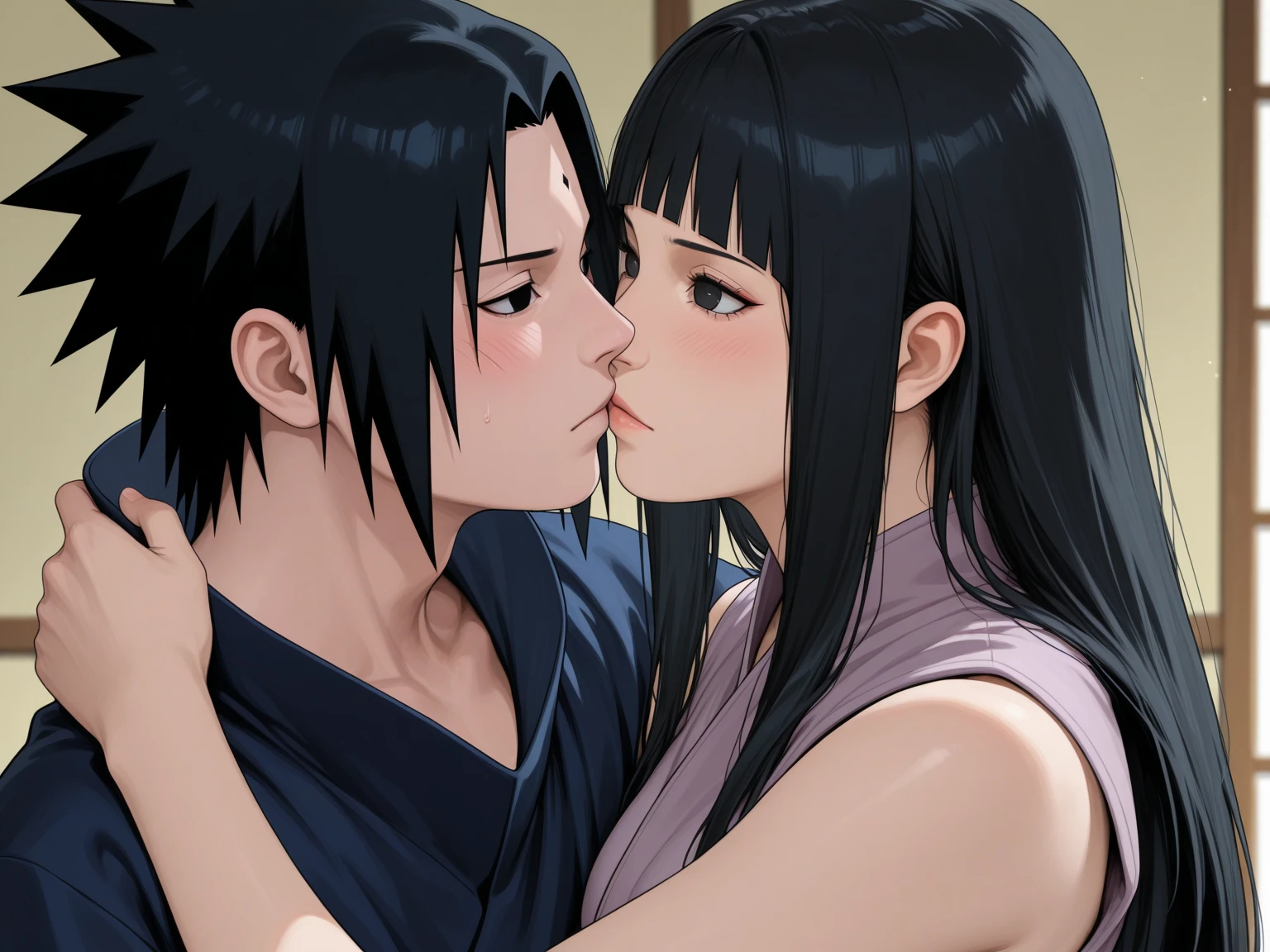 absurdres, highres, ultra detailed, (2girls:1.2), {Sarada, shorter in height, Balck hair, short hair. In her adorable underwear}(single sidelock:1.2), [Hinata, taller in height, long hair, blueish hair. nervous, Underwear, bra and panties laces,] {Lauren phillips lifting alice Merchesi \(meme\),} looking at another, blush, yuri, eye contact, huge height difference, smile, ass, kabedon, standing, against wall, pinned against the wall. Yuri kissing, full body, Locker room background,