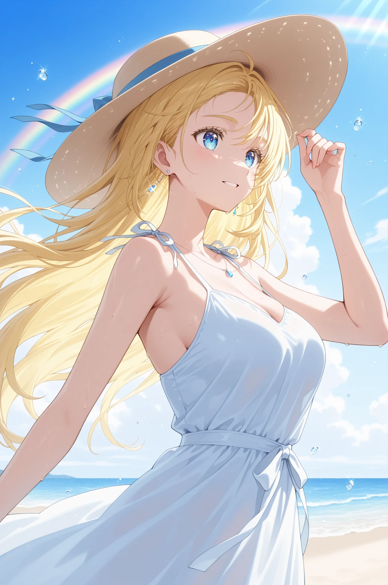One Girl、woman、blush、cute、Portrait Global Illumination, hdri, Scattered beneath the surface, masterpiece, 4K, Ray Tracing, beautiful, sharp, Smooth Skin,Simple Background、White background、Anime Painting、blonde hair、long hair、White dress、 Attractive thighs、summer、seaside, blue sky, cool clothing, dress, blonde hair, long hair, playing happily"、smile、Run、Water Play