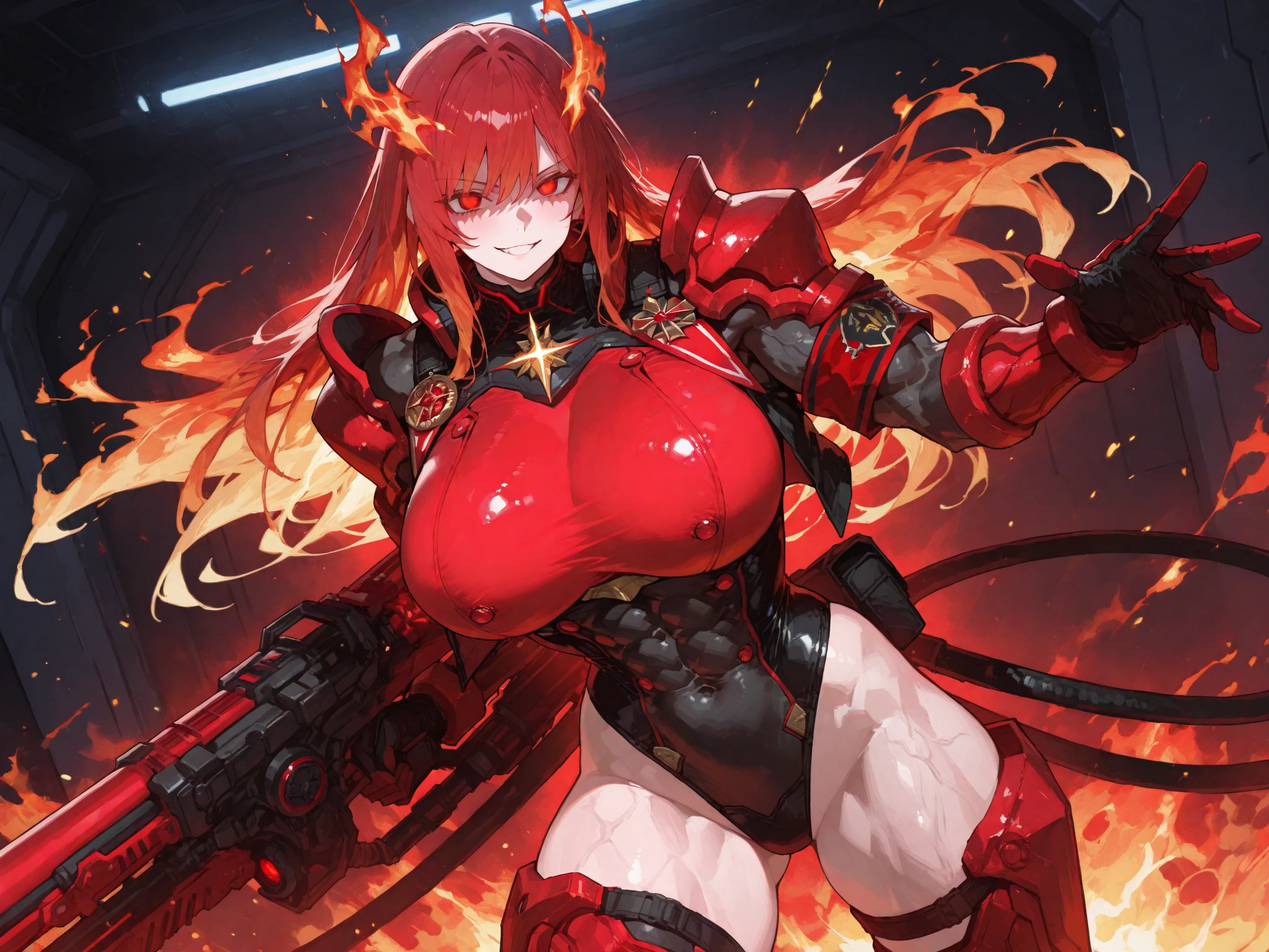 Beautiful Tiefling girl, she has long and braided vibrant auburn hair, she has glowing orange eyes, she's wearing a battle suit that has some armor plates on it, red and black bodysuit, she looks determined, she's slightly chubby, she's well proportioned, she has horns, she's wearing a mask, she has a demon tail, she has demon horns, she's wearing a ninja facemask, she has fierce orange eyes, she is wielding a pistol, futuristic, sci-fi, standing straight, chubby, pistol, gun, epic gun, battlemask, she's very chubby, big belly, fat