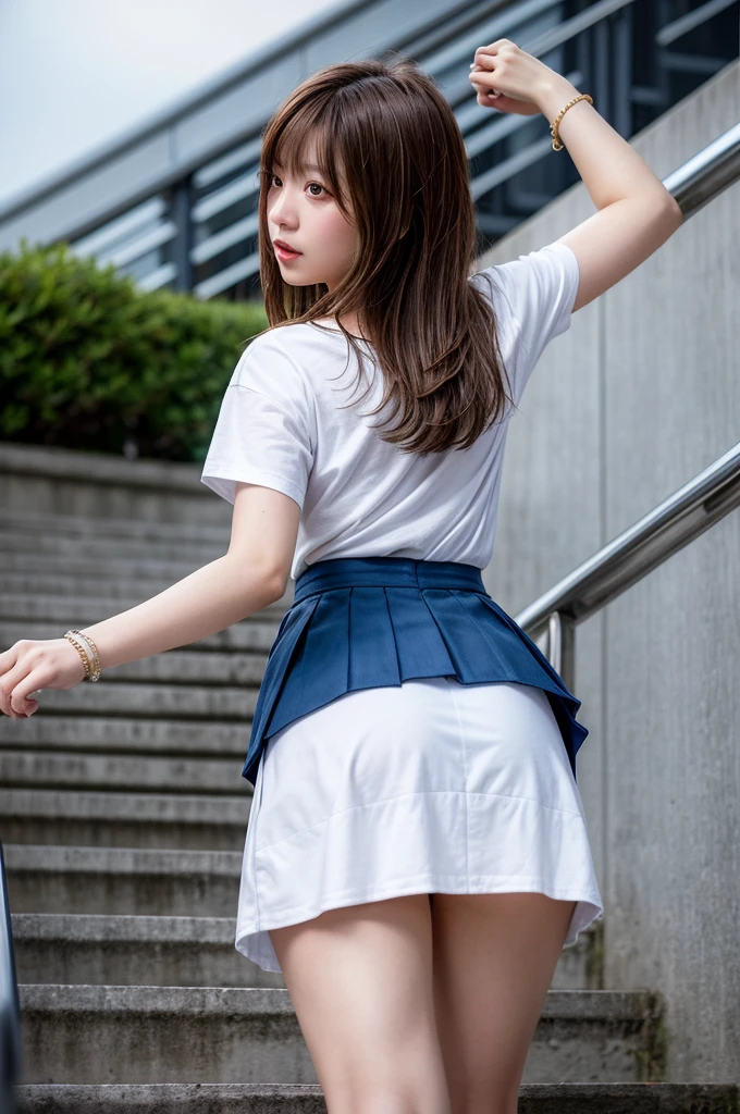 Woman in a suit standing on the sidewalk,((25-year-old woman))、Big Breasts、Dark brown hair color、Hairstyle with bangs、Various hairstyles、Hairstyles of different lengths、(8k, RAW Photos, highest quality, Tabletop: 1.2),、(Realistic, Realistic: 1.3), Cityscape,office district, Day, Sunny Morning, Professional Lighting, Photon Mapping, shirt, (Woman in a suit:1.1), ((Suit:1.3))、(Tight Skirt:1.4)、((Delicate photo))，(Detailed RAW Photos of Girls), (Tabletop:1.25), (highest quality:1.3), (high resolution:1.4), (Realistic:1.75), 8k resolution, Canon EOS R5, 50mm, absurdes, Ultra-detailed,Cinema Lighting, (Skirt Lift:1.4)、nsfw、smile、Skirt flipped up、((race panties)),(Back Pose:1.2), (from back:1.3) , (looking at camera:1.6), (full body shoto:1.2)