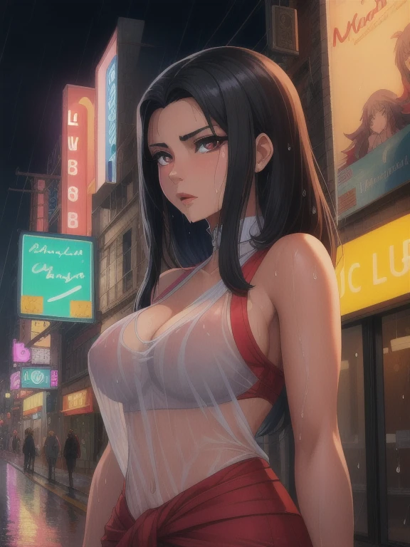 Ayukawa Madoka,  beautiful girl college student, masterpiece, light makeup, red lips, black hair, messy long hair, street background, beautiful, elegant. super fine details, master works, authentic texture, cinematic lighting realism, perfect job, 16K, hd, exquisite features,blue eyes、Beautiful Face、cute smile、beautiful hair、glamorous, small round breasts、erect nipples、shiny skin、white skin, glowing skin, bright big eyes, smooth skin, super sexy  tank top, thin tank top , white thong panties , 
