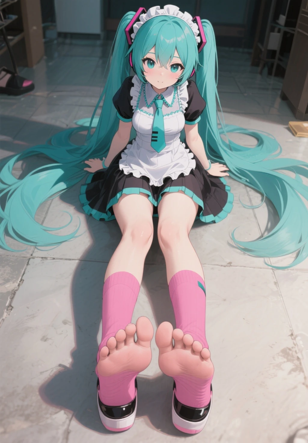 Hatsune miku x suicune add_detail:1 aqua fur Masterpiece High quality High resolution、Anna Tanaka , wide, Sit with your knees bent、Eight-headed body、beauty legs 、At a school、As if looking up from below、embarrassed add_detail:1, wolf footprints