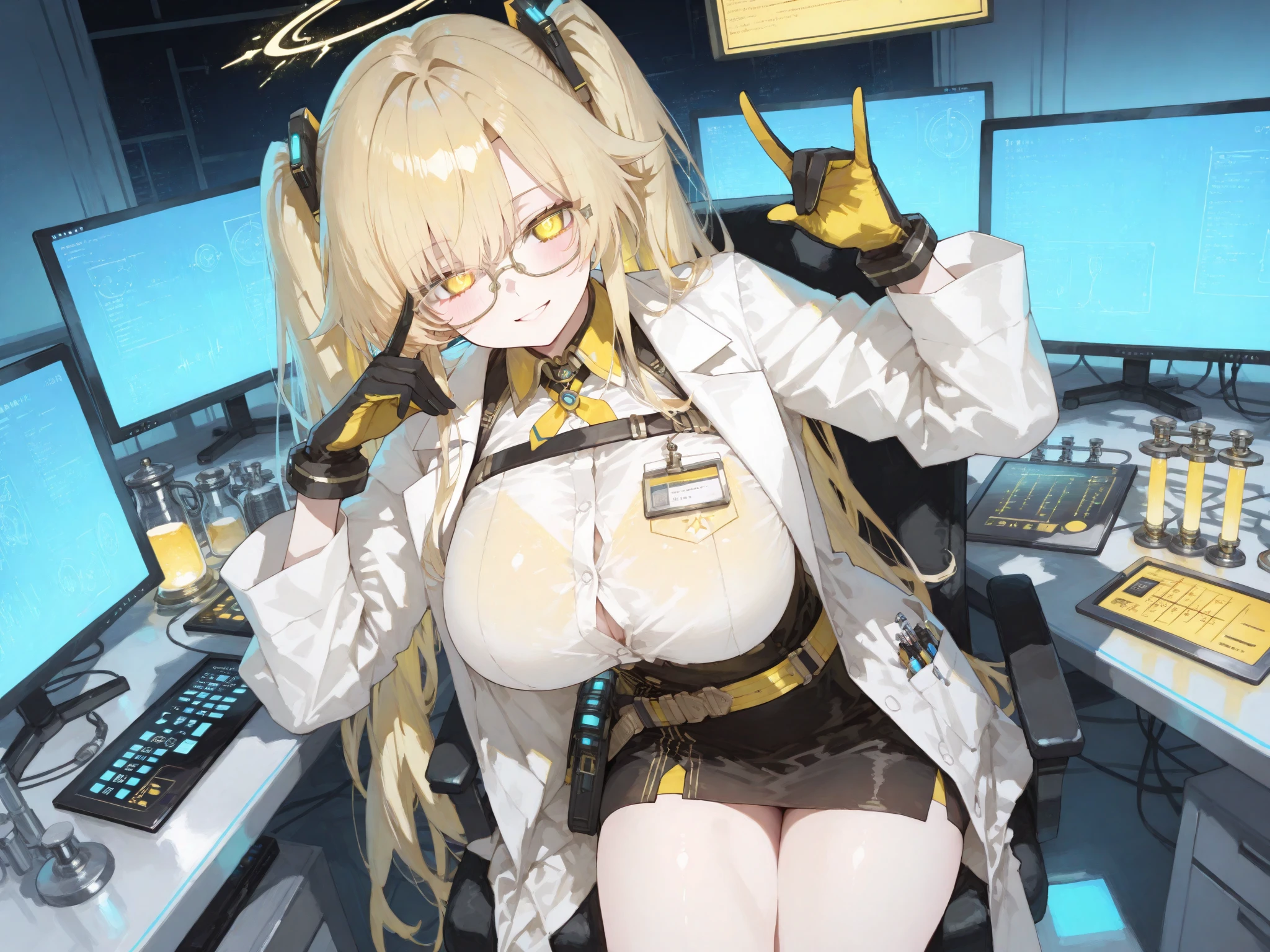 ((1 cyborg woman)),((huge breasts, bare breasts, naked pussy, naked)),((curvy woman)),((sitting on a chair in a computer room)),((smoking a cigarette ,smoking a cigarette, drinking a glass of beer)),((a vibrator shaped like a penis stuck in her pussy)),((embarrassed face)),((bare breasts, with lots of bubbly hair, wearing a scientist's coat) ),((long gray hair, bright yellow eyes)),((with an assistant,)),((facing the viewer)),