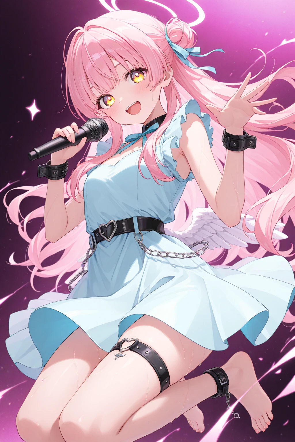 Anime illustration style,a beauty girl,demonic horns,Devil's wings on the back,(full bodyesbian),((Draw to the tips of your feet))、Standing,((hi-school girl)),校服,preppy style,((Short Bob))(,short-cut),A little bit of sagging eyes,High skin exposure,Pink hair,(The color of the eyes is green),Eye color is emerald green,The navel is visible,Navel Ejection,There is a hole where you can see the cleavage、(((Idol costumes))),(((Singing a song))),is singing,((Have a hand microphone)),The background is a live stage,Fantasia