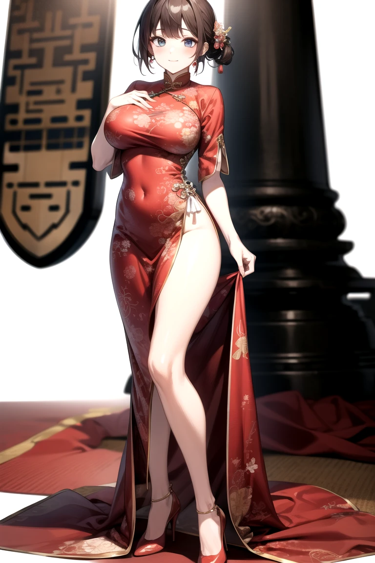 A very beautiful female empress, with a young face, with slender body with pearly white skin, with slender muscular body, but well proportioned, with cracked abdomen, yellow  eyes, short gray white hair, silver and platinum. perfectly shaped waist, fleshy but sensual legs. Traditional Chinese imperial clothing dress decorated in gold with black details, red hanafuda earrings, with red transparent skirt, gold and black alloys, black string sandal. On a staircase in an ancient Chinese castle with flashes of light reflecting off his body., sexly. High definition.Sexy anime in 4K, full-body photos, sensual poses,hot body
