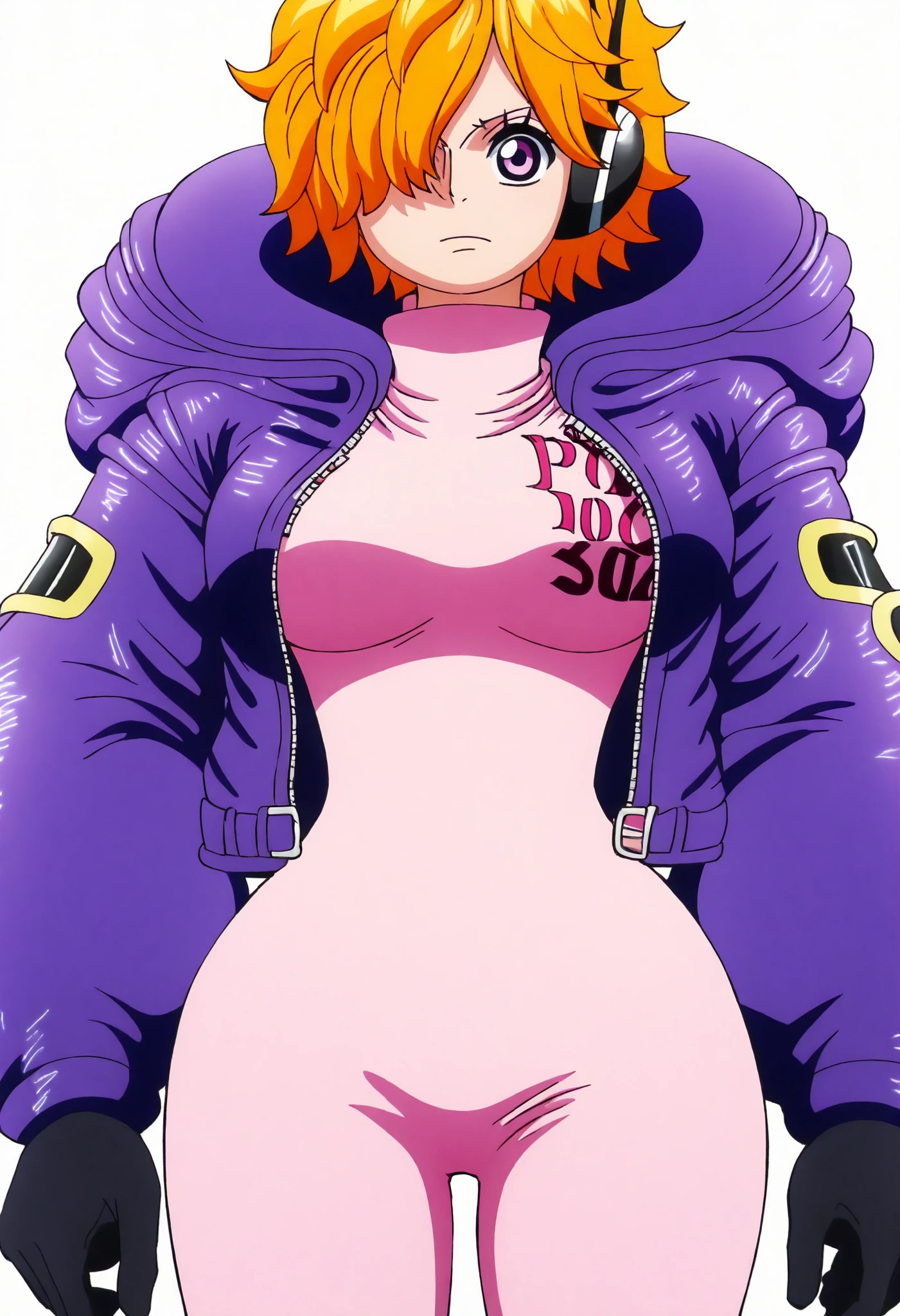 masterpiece, ((ultra detailed background, delicate pattern, intricate detail)), (highly detailed, fine details), best quality, beautiful lighting, ((medium breasts, slim girl)), 1girl, Lilith, (bangs covering one eye), ((light orange hair)), headphones, brown eyes, dark-blue jacket, ((pink bodysuit, full-body suit)), complex detailed background, inside, castle room environment, medieval castle, gray walls, window, bookshelf, (cowboy shot), <lora:Lilith:0.85>