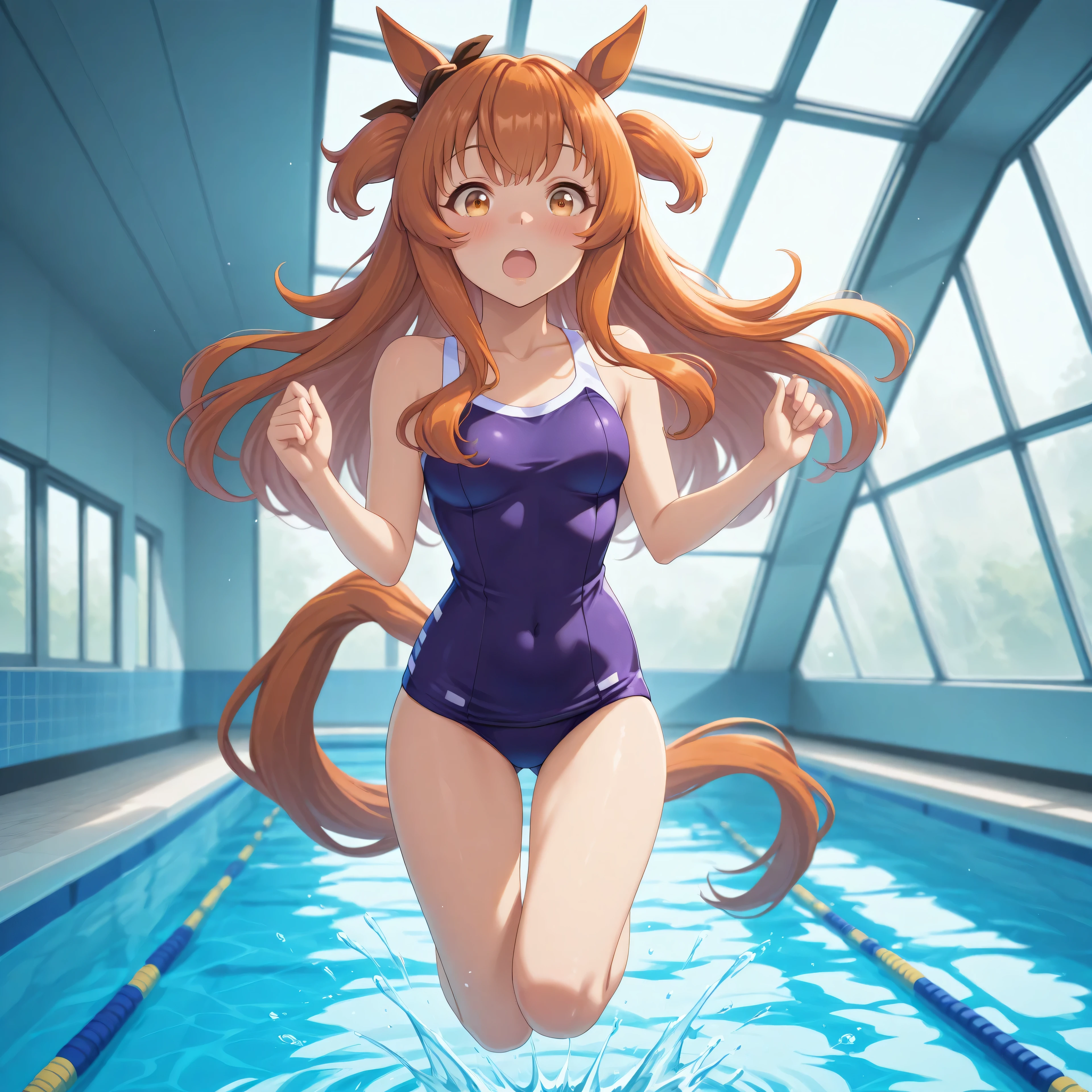 anime, lazypos, masterpiece, best quality, amazing quality, at indoor pool, 1girl, solo, alone, mayano topgun \(umamusume\), horse ears, horse tail, Tracen school swimsuit, hands in air, jumping, in air, surprised, blushing,