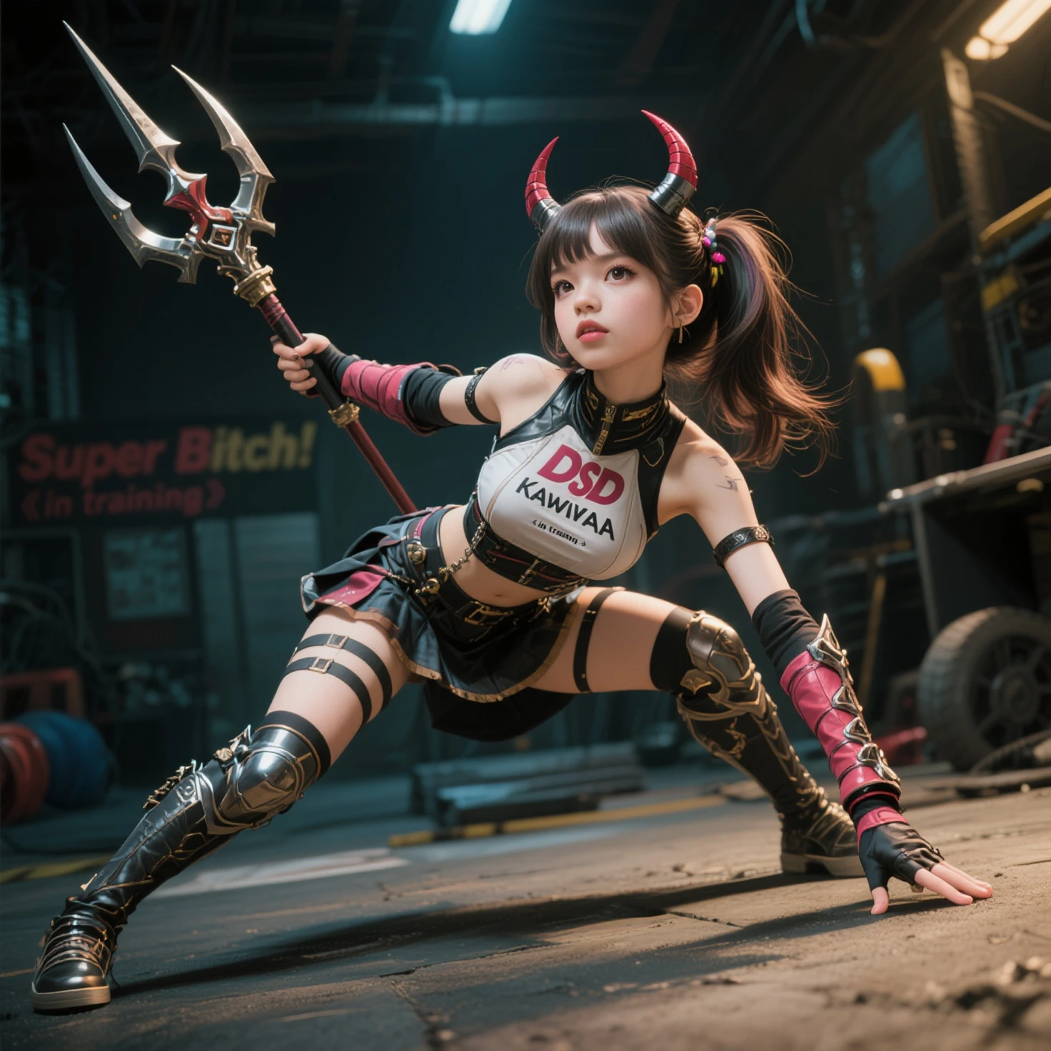 A ultra beautiful girl cute, of 18 years old, short black hairs and eyes, ((european face)), with black techno fantasy great sword in the back, black techno fantasy top armor and black techno fantasy armour pants, black metal with red neon lights symbols and decourations, 12k, UHD, masterpiece, photo realistic, naked belly and arms