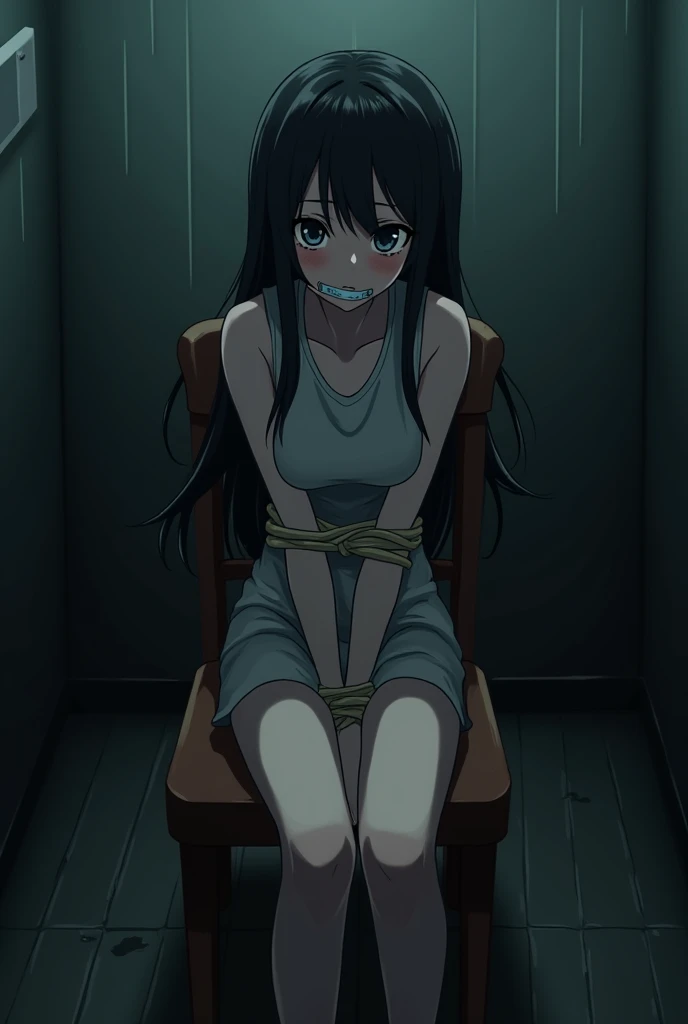  anime girl with her hands and legs cuffed and mouth gagged and ducktaped 