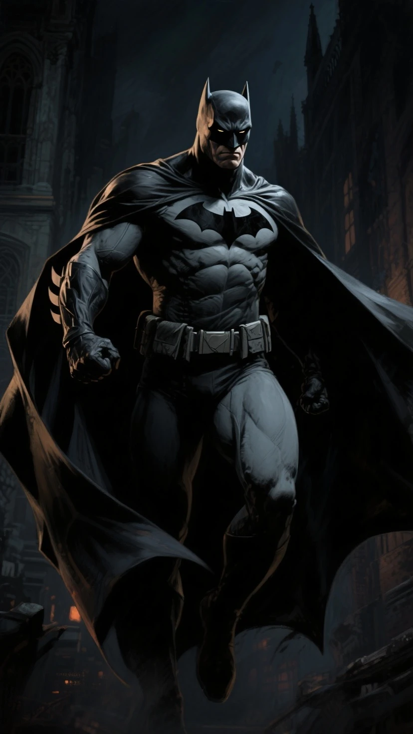1960's Batman Adam West, the dark knight stands gray and blue imposing in a gothic lost city. Moonlight highlights your muscles and scars. The scenery is lush and mysterious, with futuristic tech and surroundings. The camera details everything 24k resolution hyperdetailed.