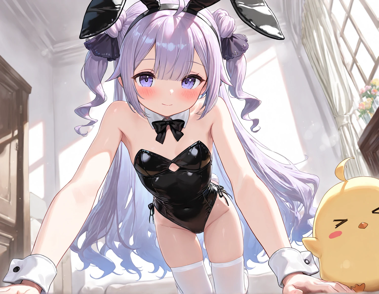 masterpiece , best quality , 1girl, long eyelashes, thick eyelashes , small breasts, long hair, purple hair, star hair ornament, blue eyes, playboy bunny, blush, smiling, <lora:reZeroAnastasia_v10:0.7>