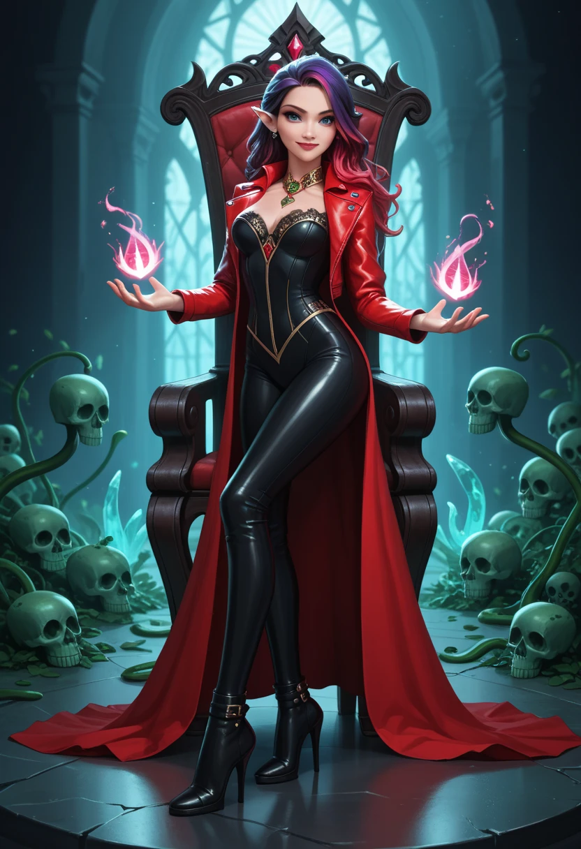 goblin woman mafia queen, sexly, Red clothing, SITTING ON A THRONE, with a glass of wine
