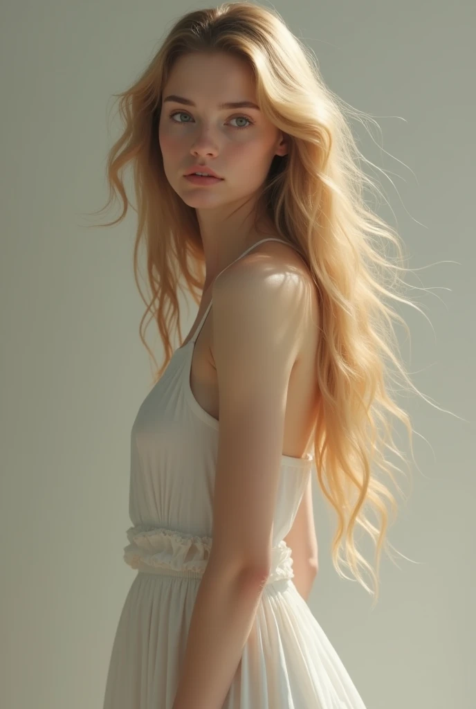 Skinny blonde woman with long hair