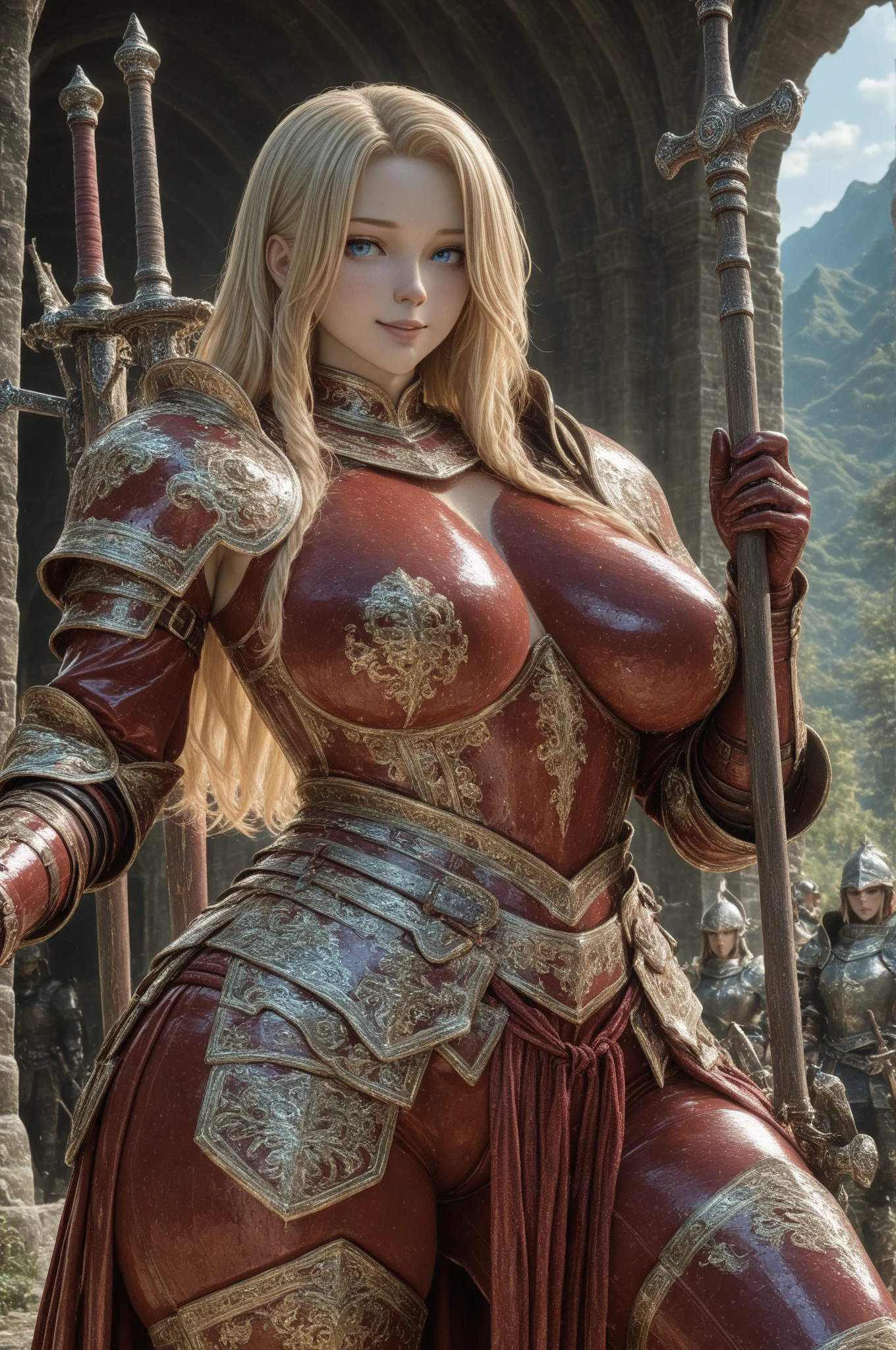 Blonde female Medieval knight with big breasts out
