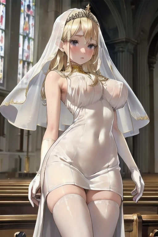I got an engagement ring,cheese(Chapel),The light shines,Blonde,shy,Tears in my eyes,Red face,Hold out one hand、Wearing an engagement ring,Tight fitting clothes,White Wedding Dress,Veil,The wind is blowing,My hair is messy,White garter stockings,gold choker,High heels,The engagement ring is shining、((((Lift your skirt to reveal your panties))))
