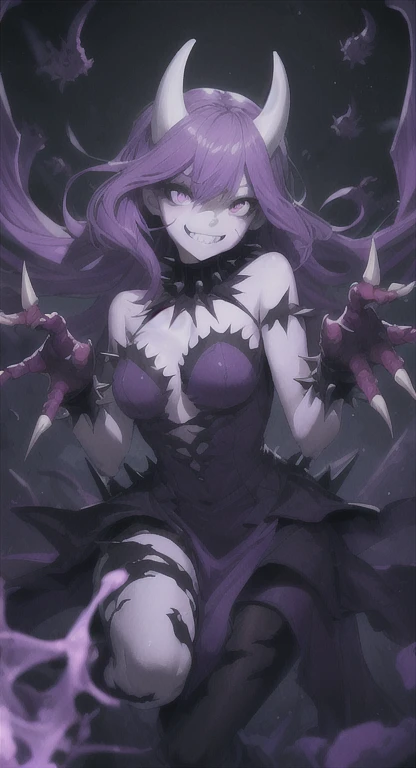  make a girl with pink hair, yellow eyes, purple top that dega "neneefthy", purple and black checkered skirt and black boots, white skinned and with large breasts