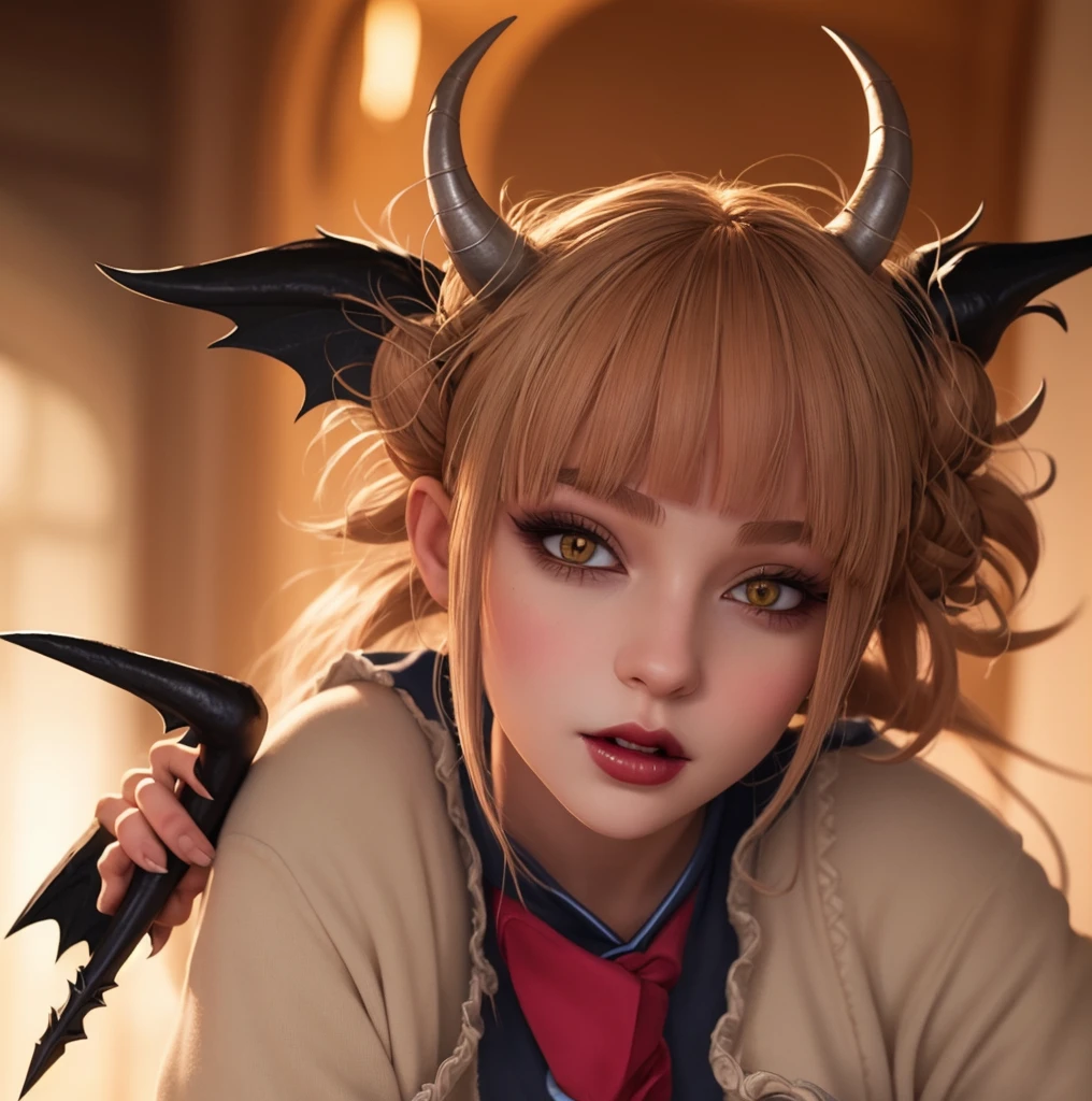 photography, medium hair layered cut,thigh gap, medium_big breasts, Dynamic Background,female, golden hair, short hair, yellow eyes, yellow cardigan, white shirts, red ribbon, black pants, school uniform, dragon horns, dragon tail, smaller female, dragon eyes,