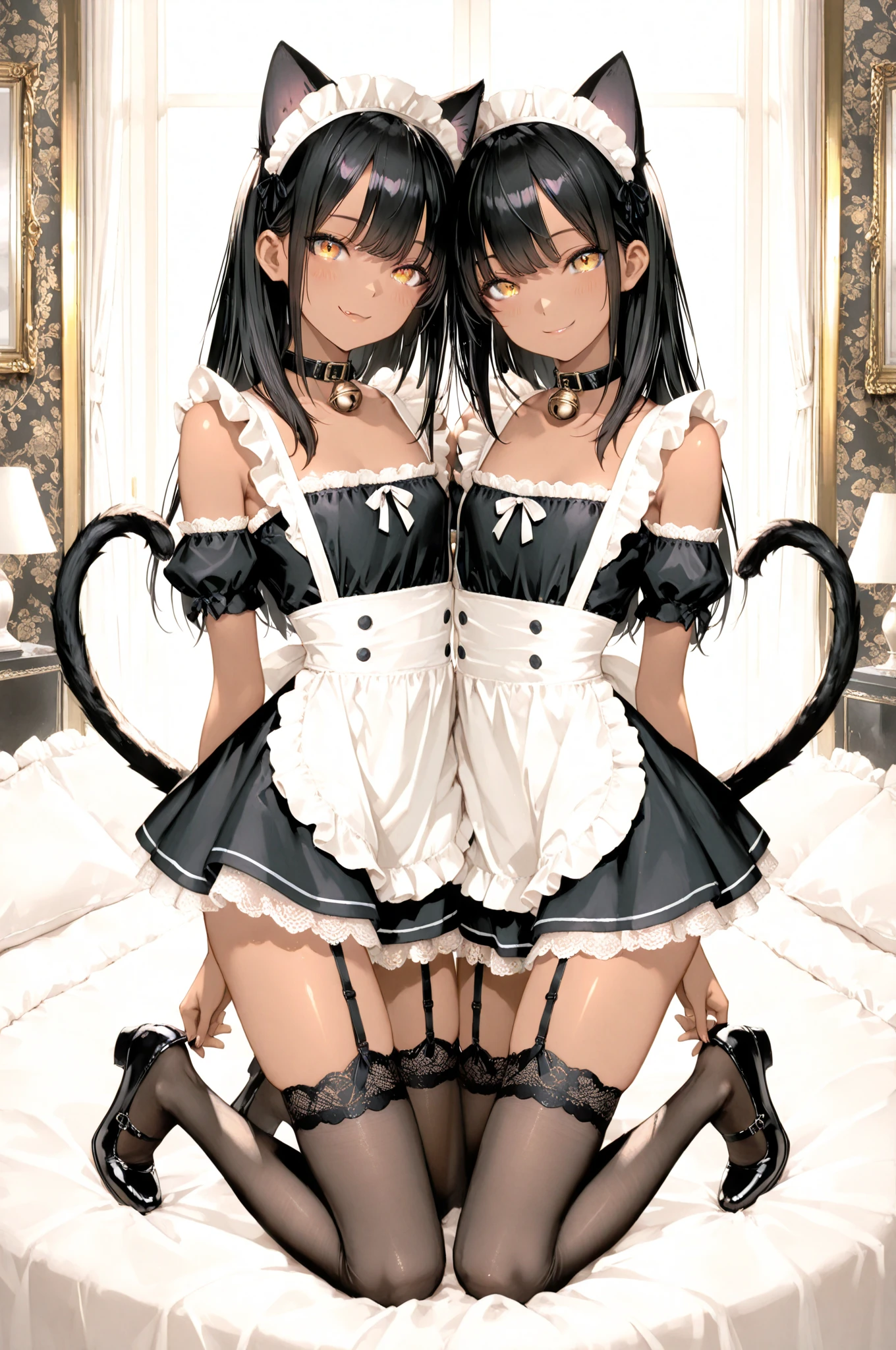 2 Beautiful anime woman with cat ears and tail (wearing maid dress, black stockings, and short black gloves) while the other beautiful anime woman with cat ears and tail (wearing maid dress, black stockings, and short black gloves) is standing behind her and holding her from behind while she places her glove over the other womans breast and falls asleep in her arms