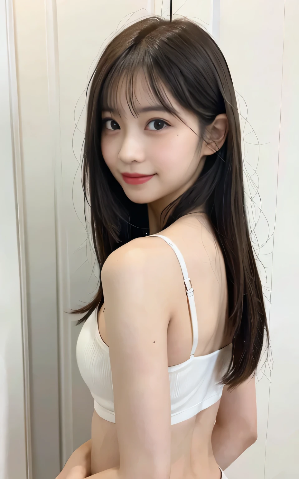 whiteroom, 1 person, Japanese woman, model's expression, look at the camera, 28yo, H cup, silver ratio, cute, middle black hair, influencer, model, Dimples on both cheeks, Mole on left cheek,