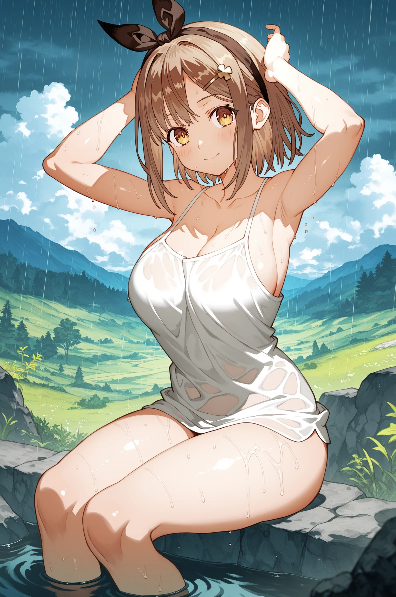 Michiking style, nsfw, masterpiece, ponytail, 1 girl, erect nipples, intricately detailed, topless, navel, bare shoulders, necklace, erect nipples, puffy nipples, brown hair, dolphin shorts, raining, bus stop, shed, mountain, outdoors, flowers, wet, wet body, Blue sky, extremely detailed, cg masterpiece, bare breasts, nipples, blue eyes, bare stomach, side swept bangs, sweaty, small breasts, arm strap, smiling, flat colored, side bangs, woodblock painting style, huge nipples, laughing