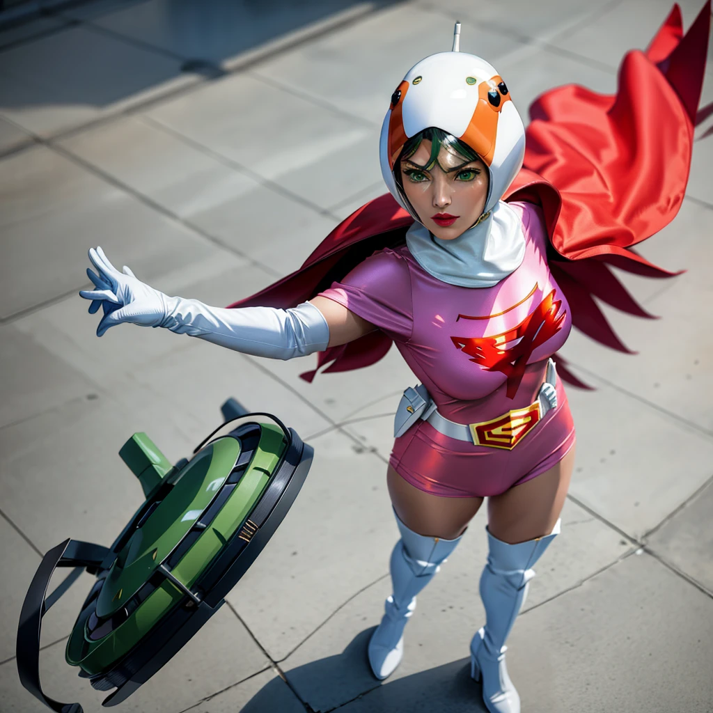 Year_Classic_Jun_Gatchaman_myself,One girl, 15Year間,Excellent anatomy, masterpiece, Highest quality,Realistic, hyper Realistic, 16k hdr, Long Hair,chest,lips,large chest,lipstick,compensate,gloves,Cape,Helmet,belt,elbow gloves,white gloves,mask,Ultra mini skirt,leotard,Spacesuit,White tight over-the-knee high heel boots,Pink Dress,Superhero,Bodysuits,chestの谷間,Erect nipples,(Standing pose,Front view),(Spread your legs:1.1),Camel Toe