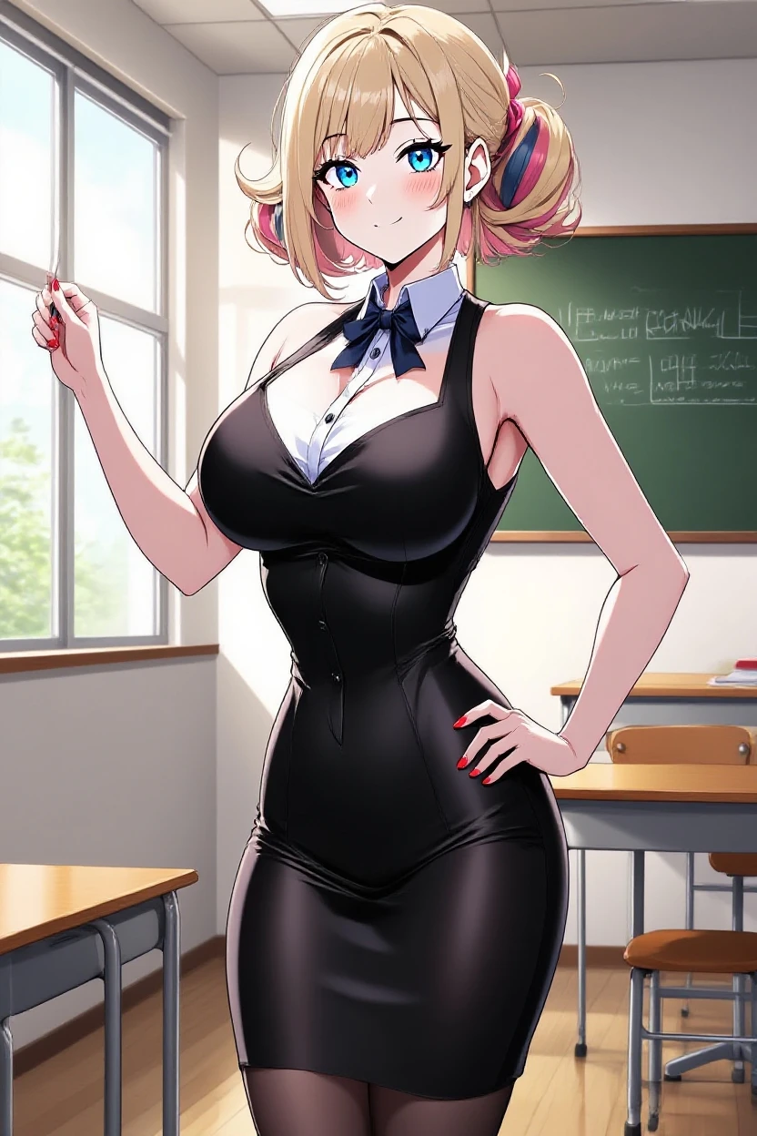 high detailed, masterpiece, half body image of 1girl cartoon character, posing sexy, smile, blonde hair, ponytail, grey eyes, perfect hands, big breasts, cleavage, wide hips, , clasroom