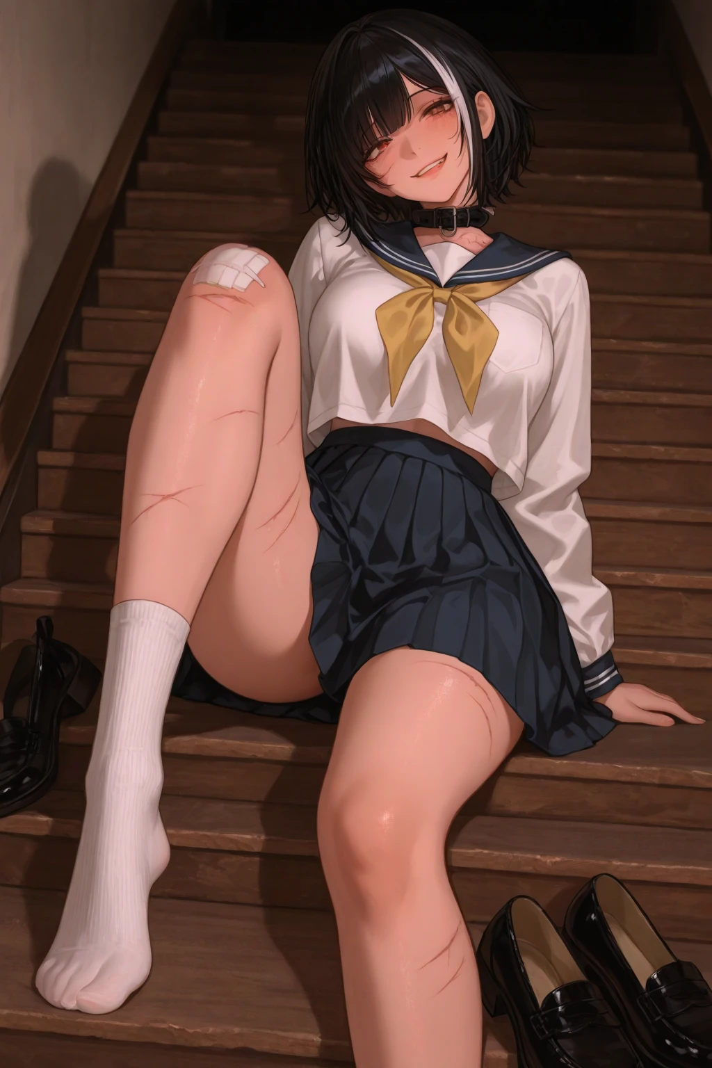 masterpiece, best quality, highres, masterpiece, (best quality), 1woman,1girl ,mitsuki_nase, black hair, long hair, red eyes, brown eyes, white shirt,serafuku, cardigan ,sexy woman, closed clothes, blush, vibrant colors ,natural lighting ,RTX, , beautiful, (detailed face:1.2), medium breasts, showcase, (perfect eyes:1.1) ,(photorealistic:1.1), 8k uhd, looking a viewer, bedroom, simple backround, (perfect fingers), sleeves less shirt, armpits, full body, nsfw:1.5, open clothes, nipples, spread legs