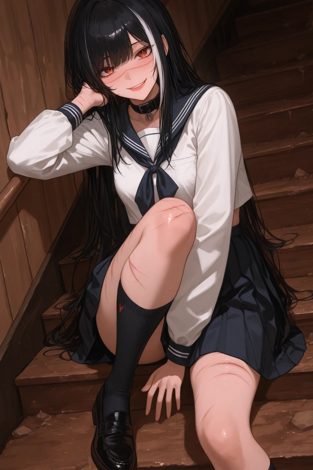 Nardack,miyu edelfelt, 1girl, solo, black hair, thighhighs, puffy short sleeves, short sleeves, hat, skirt, black skirt, long hair, blush, homurahara academy school uniform, puffy sleeves, twintails, looking at viewer, brown eyes, shirt, white shirt, hair ornament, sitting, bangs, no shoes, black thighhighs, simple background, school uniform, hairclip, white headwear, white background, beret, crossed legs, sidelocks, ribbon, full body, (masterpiece,best quality)