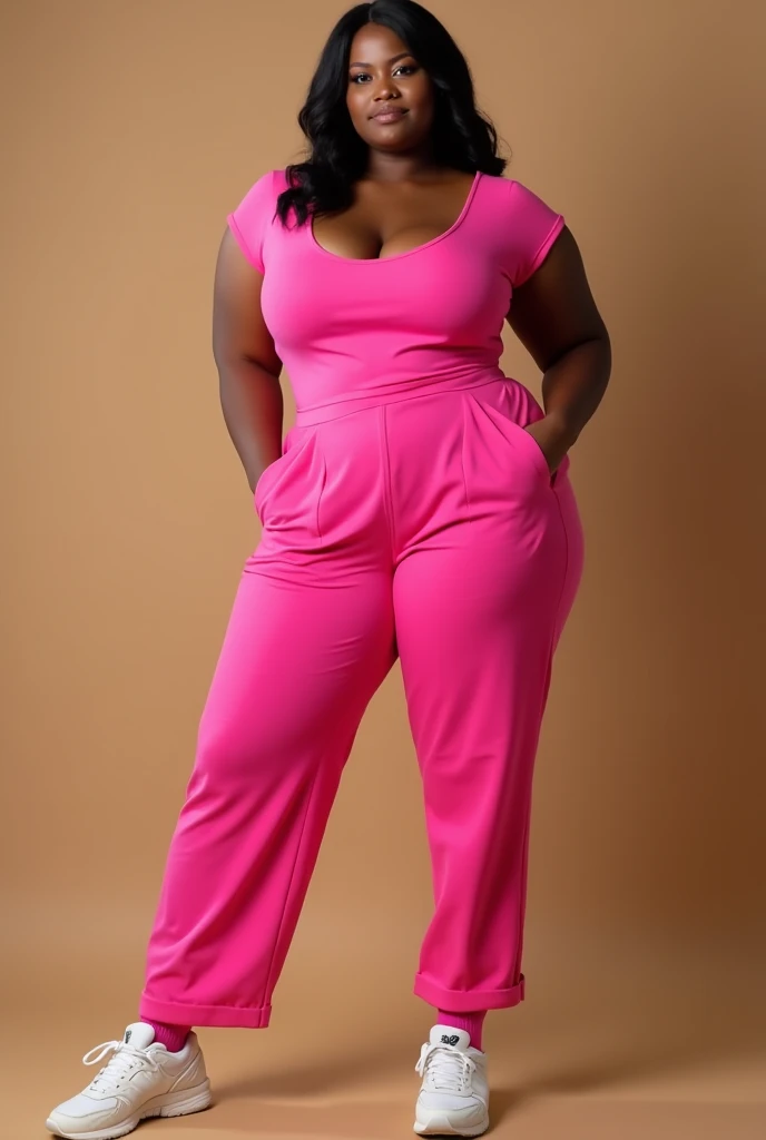 Mixed black ethnicity, curvy girl, long straight hair, wide hips, curvy body, wearing pink Women’s Yoga Rompers Sexy One Piece Spaghetti Strap Tummy Control Padded Sports Bra JumpSuits