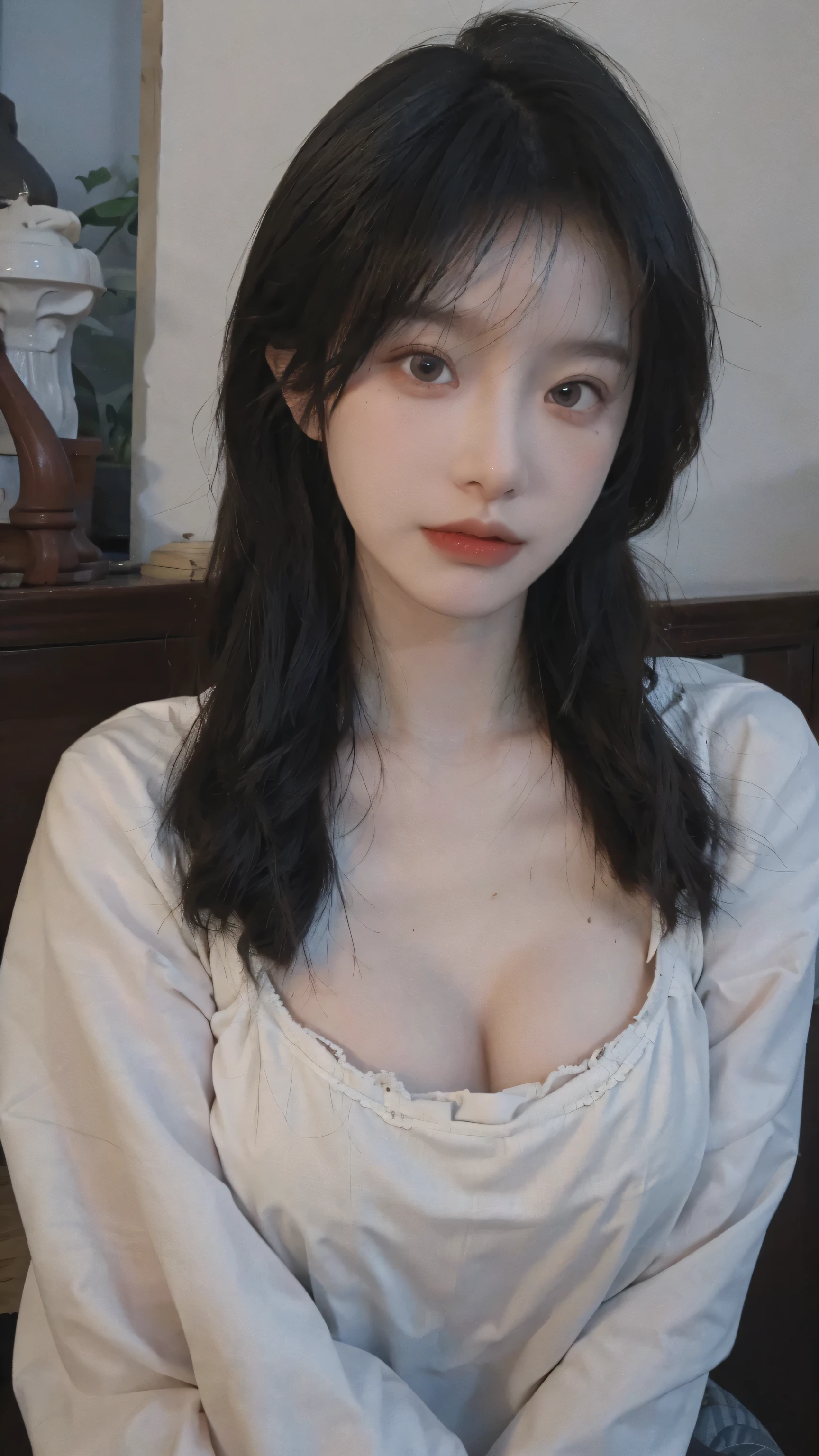 best qualtiy，tmasterpiece，超高分辨率，（realisticlying：1.4），1girll，Large wavy curls，A pair of smart eyes，Raised sexy，Snow-white and translucent skin，head straight-looking at viewer，On the yacht，Full of atmosphere，Cleavage is seductive，，（Red bra：1.8），（JK clothing：1.4），（Big big breasts：1.8），（The upper part of the body：1.4），