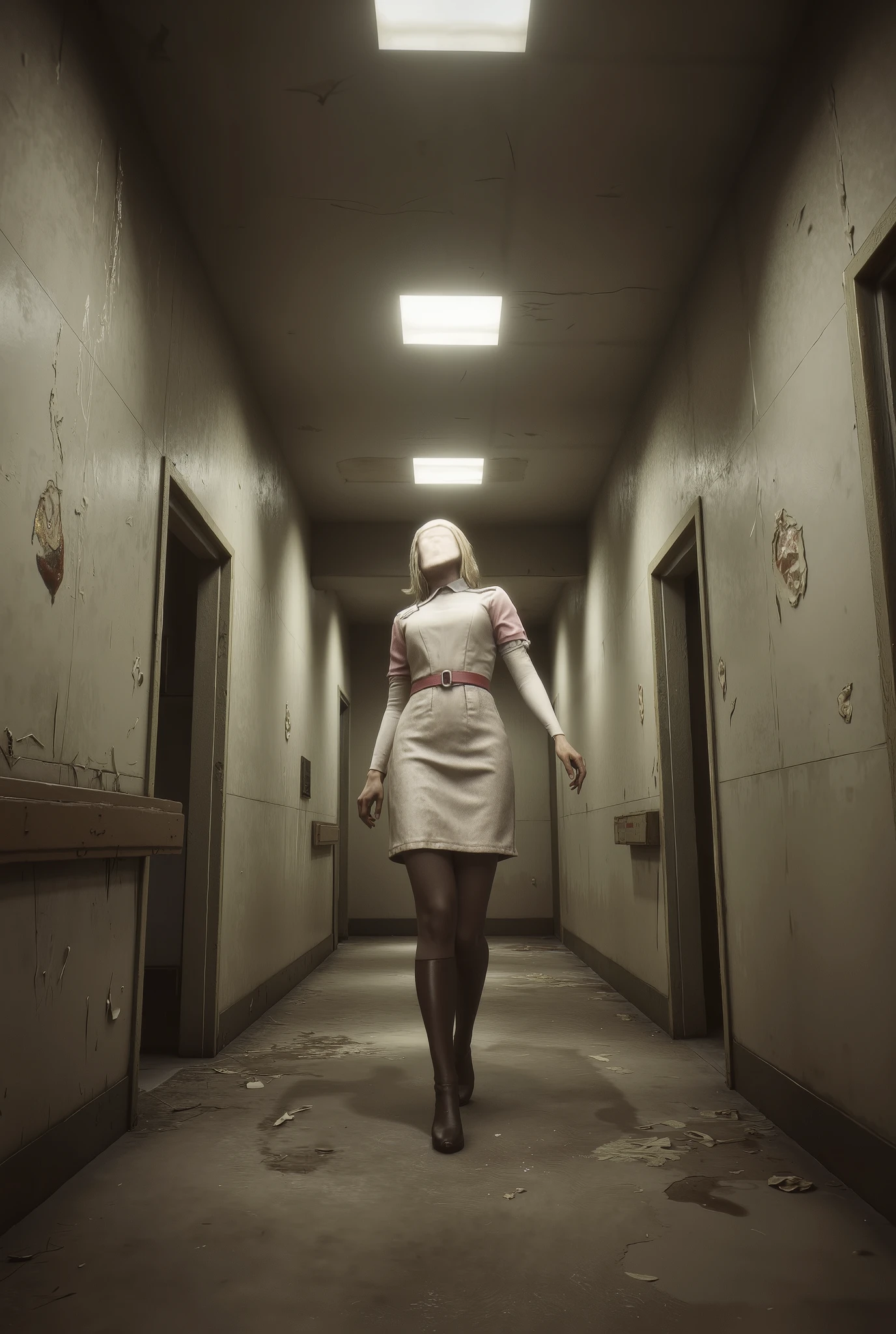 Silent Hill, faceless nurse, distorted features, unnatural pose, bowed legs, nurses hat, nurses uniform, abandoned hospital, dilapidated hallway, darkness, macabre, high detail, masterpiece.