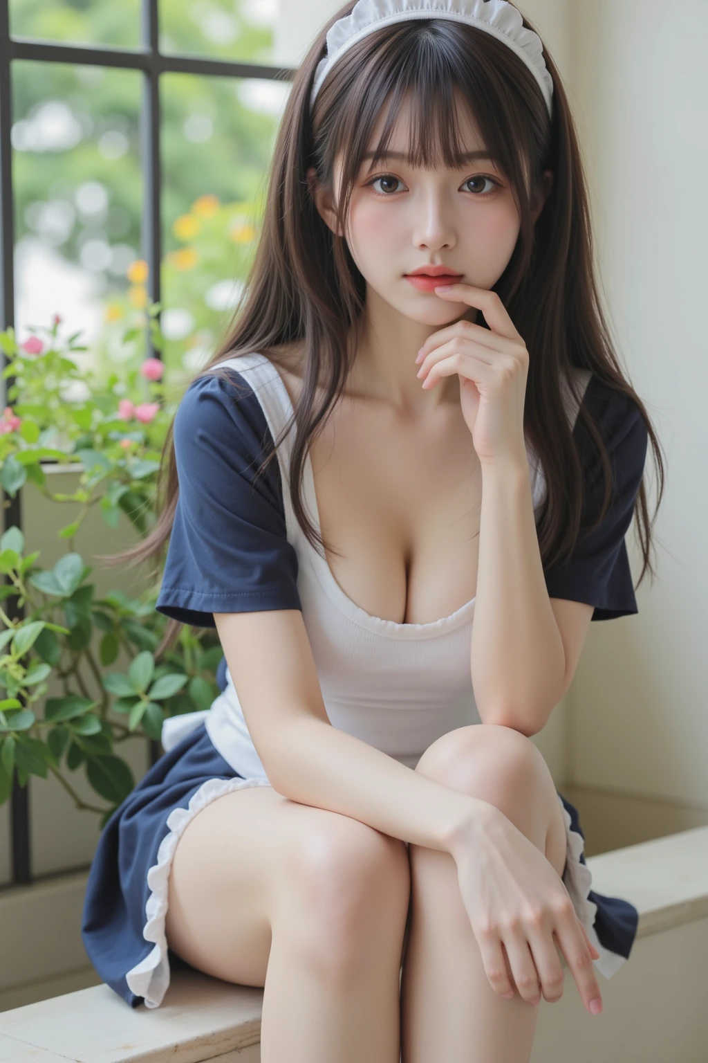 (full body shot,Down to the toes、Beautiful thighs),((masterpiece: 1.3),8k, Realistic, RAW Photos, Highest quality: 1.4),whole body、 (One Girl), beautiful顔, (Realistic Face), (Brown long hair: 1.3), bangs, Perfect dynamic composition,(High quality with attention to detail, Realistic depiction of eyes:1.3)、(((maid、maid服、Hairdress、White knee-high socks、Cleavage)))、 profile、21talent、beauty、Well-formed face、Even out the eyes、Banditium Build、Balanced ratio、beautiful足、Fresh face、beautiful景色、beautifulヘアスタイル, (bangs), (smile), smile, Realistic eyes, Gloss, highlight, highlight in the Eyes, eyelash, 目の中のbeautifulディテール, (Realistic Skin), Shooting from the air、beautiful肌, Transparency、(beautiful)、 smile, teeth, Confused, charm, 超High resolution, Ultra-realistic, High resolution, Golden Ratio, clear eyes, Wet, Looking into the camera, ear, Shine, Long neck, double eyelid, Thin eyebrows、Big eyes, cheek, kind character, charm personality, kind, 圧倒的なcharm, bright personality