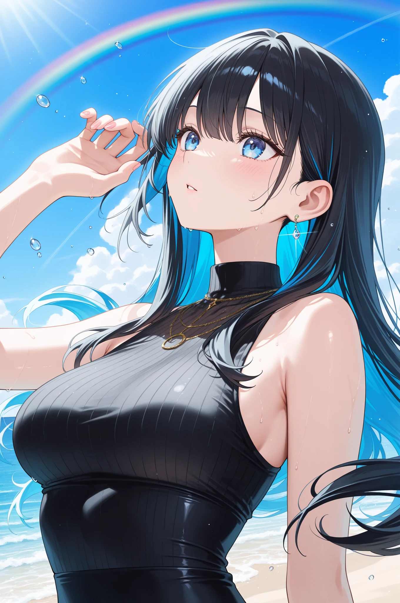 最high quality、Best image quality、masterpiece、With a girl((cute、16 years old、Best Bust、Medium Bust、Beautiful Blue Eyes、Spread your chest wide,Black Hair、Disheveled Hair、thin、Highest Valley、My whole body is wet、Have a cider、See-through shirt))high quality、Beautiful art、background((aquarium、shark、Space Sky、Whales、Dolphin)),Tabletop、Exquisite design、Visual Arts、Written boundary depth、Best lighting、Highest detail、8k