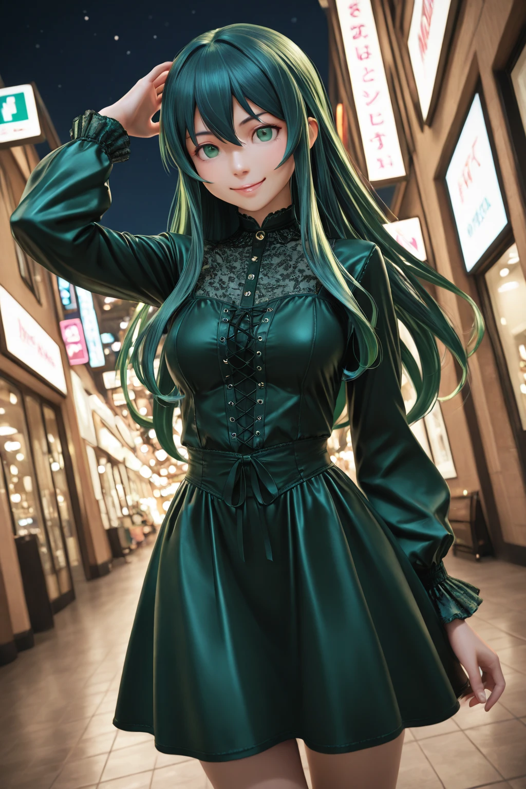 (masterpiece, best quality , high resolution:1.2), (photo realistic:1.2), (intricate and beautiful:1.2) , detailed light, bright light, (colorful and dynamic angle), upper body shot, fashion photography, 1 girl, acmm ls outfit, wearing acmm top, olive green acmm top, long sleeves, wearing acmm long skirt, olive green acmm long skirt, printed skirt, posing for photo, long straight hair, teasing look, gazing with a playful and teasing expression, igniting curiosity and attraction, attractive