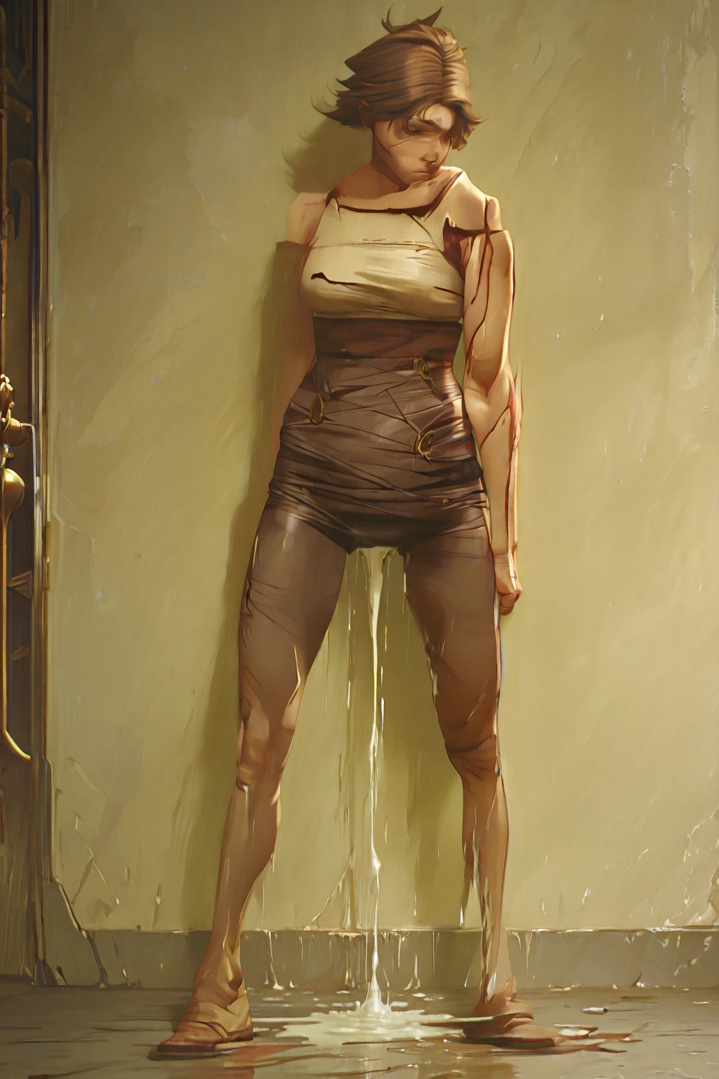((fantasy art)), extreme sensuality, stunning, expertly detailed, epic, powerful, deep shadows. a legendary female warrior with short golden hair stands in the center of a dark dungeon, she is hanging from chains attached above her head so her feet don't touch the ground, her legs are stretched out and apart from each other. we see her whole body and her whole legs and feet. every inch of her body glistening with sweat to the point of running down her body, her body is incredibly sensual, seductive and beautiful. she is very sexually aroused and is completely naked with only a few rags. topless, very large breasts and her nipples are incredibly large and horny. there are piercings on her large nipples. her arms are fully extended above her head her lips are thick, pouty and shiny and her mouth is open she is standing and her legs are fully extended and wet with sweat she floats without touching her feet do not touch the dirt floor dust. the dungeon is uninviting, dark, expertly detailed and mysterious. the shadows run deep and hide secrets that need to be discovered. we see skulls and chains on the dirty floor., ((best quality)), ((masterpiece)), (high resolution: 1.2), ((best quality)), ((masterpiece)), (high resolution: 1.2 ).