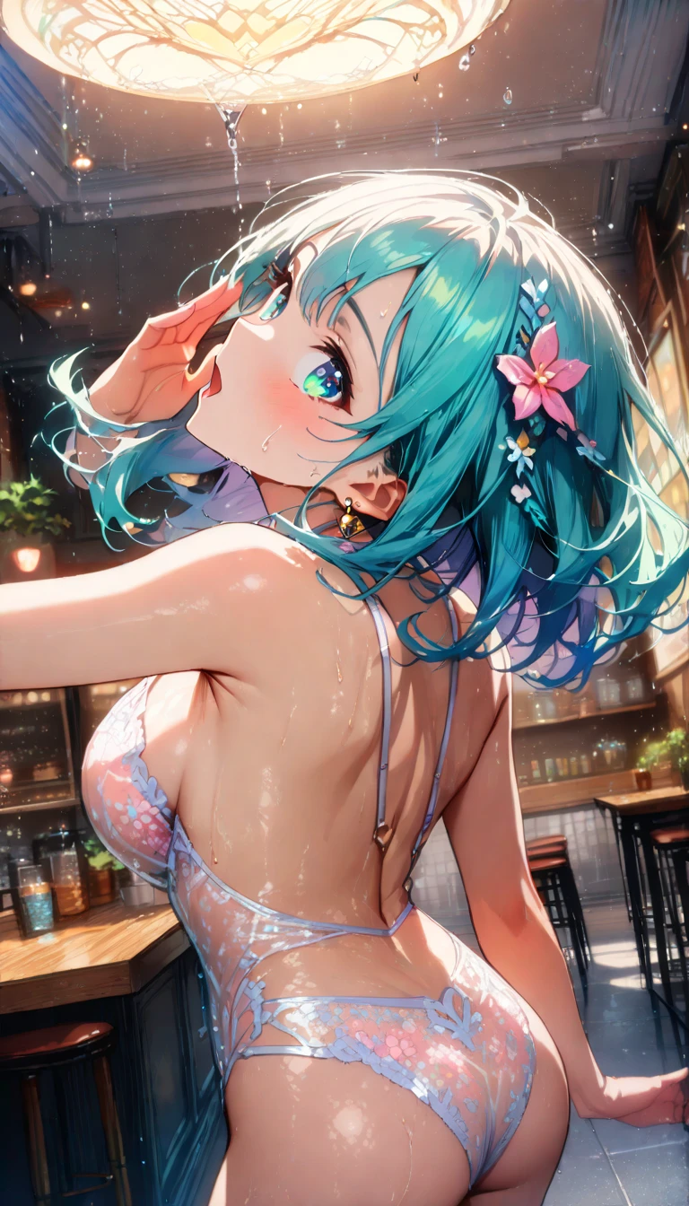 (8k, masterpiece), high resolution, high quality (best quality), very detailed from behind, iori rinko, looking at you, seductive look, sexy smile, looking back, iori rinko, Upper part of the body, at an anime event, spectacular dynamic lighting, beautiful eyes, delicate face, detailed skin, detailed breasts, Eyes,Beautiful eyes
