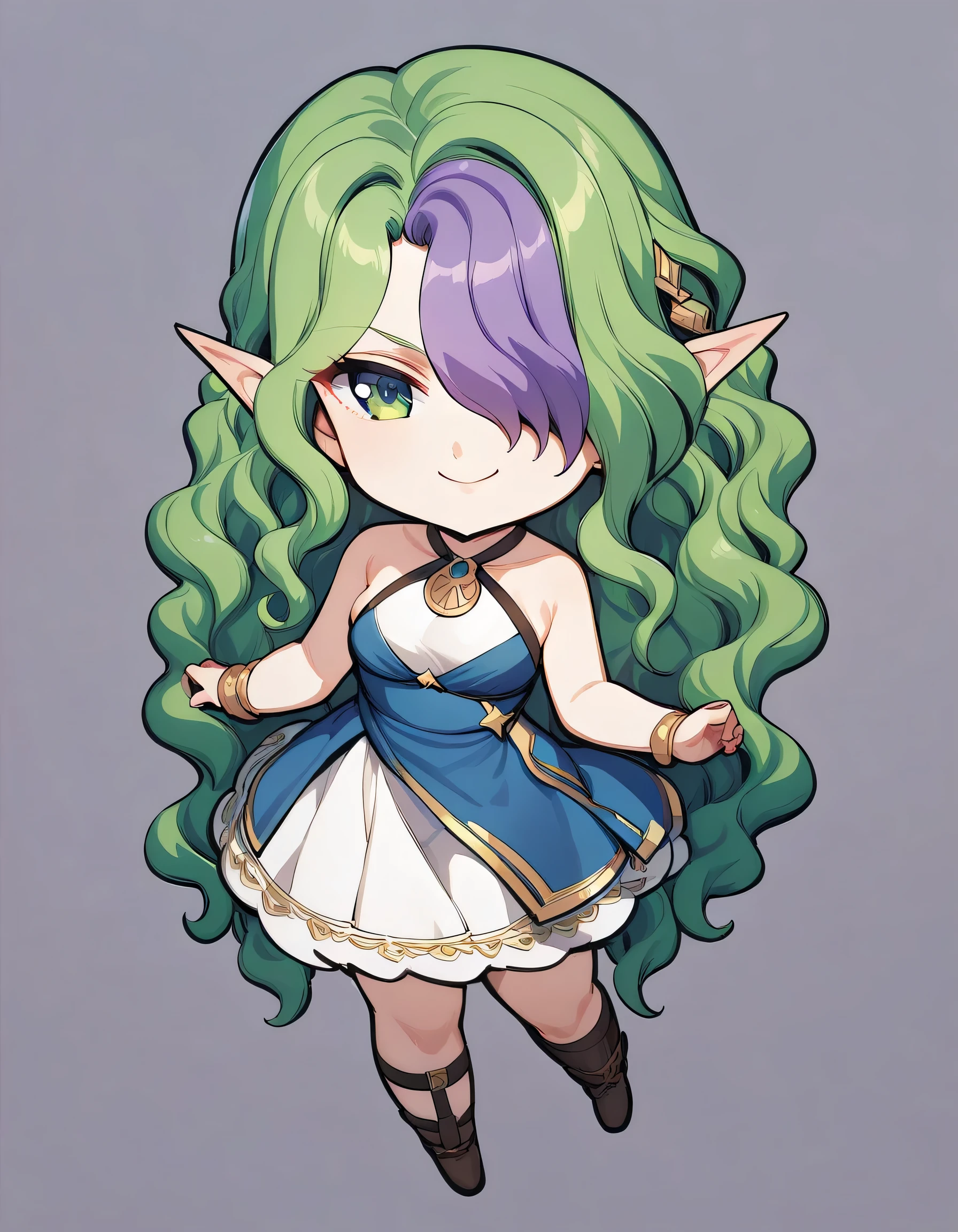 ((((chibi)))),1girl, solo, smile, pointed ears, green eyes,green hair, purple hair, long hair, hair covering one eye, wavy hair,(bare top dress), Disconnect, top quality,white background,