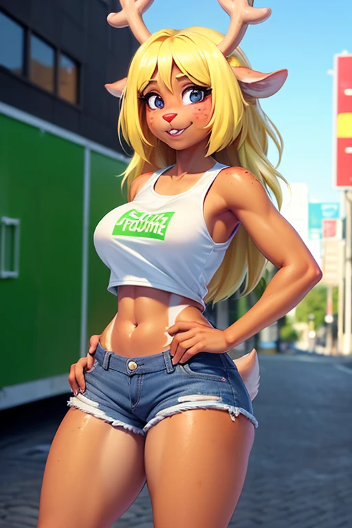 (noelle, furry female anthro, blonde hair, deer girl, red deer nose, white eyes, white pupils, tank top, jean shorts, big breasts), blushing, hands on hips, wide hips, green neon city, smiling