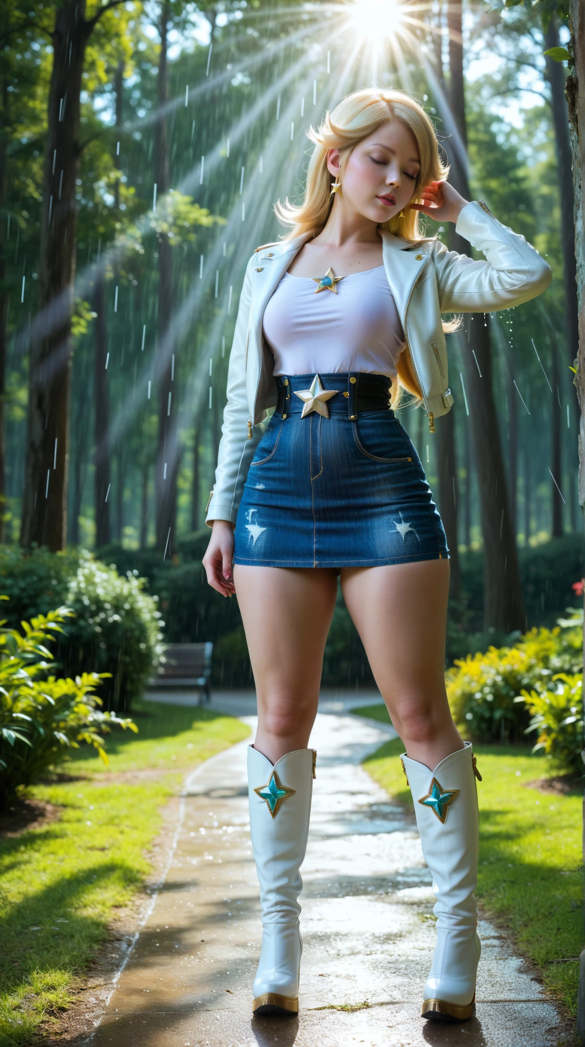4k, realistic, charismatic, very detailed, there is a girl in the sky, dressed in a super girl costume, she is a super girl, superhero theme, blonde short hair, ponytail, 20 years, full body, (detail in the eyes), (detail in the face), incredibly beautiful, blue eyes, blush, makeup, red lipstick, miniskirt, (wide hips),  (thick thighs), small breasts, dress,, seductive pose, (extreme hourglass figure), thin, svelte, white skirt, boots, tight t-shirt