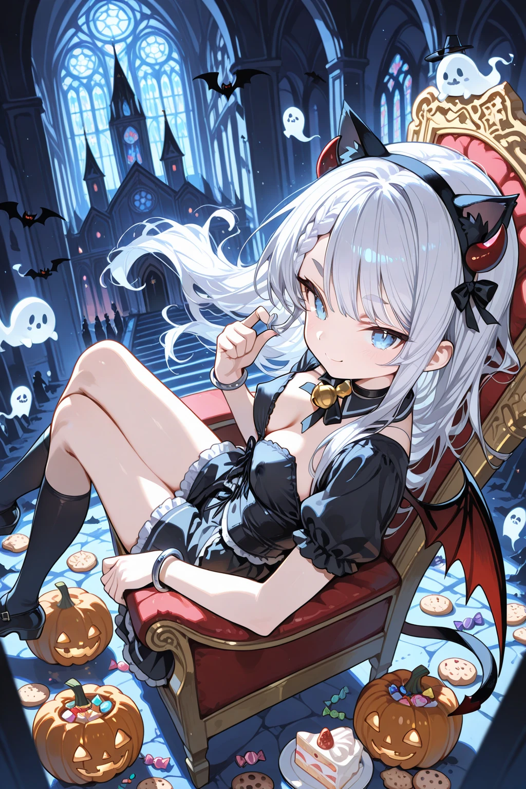 terroral, naked bandage, 1girl, large breasts, bandages, navel, solo, heart, blush, sleeves past wrists, hair between eyes, sleeves past fingers, jack-o'-lantern, looking at viewer, ass visible through thighs, cleavage, collarbone, halloween, ghost, night, sky, night sky, bow, long sleeves, moon, dutch angle, covered mouth, bandaged arm, covering mouth,
<lora:TerrorHalloweenV1:1>,