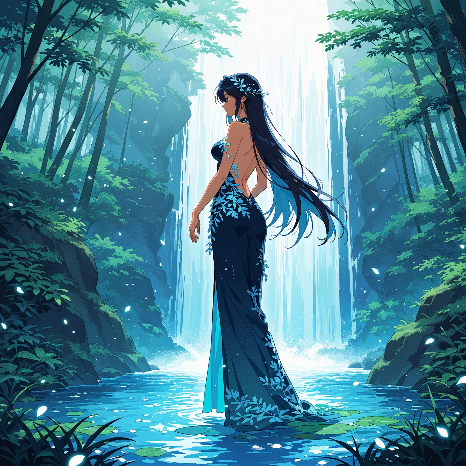 (masterpiece, photo_real, official art, octane-render):1.4, (background the Falls of Nabegataki, Aso, Kumamoto, Japan, blue theme):1.21, (detailed line art, watercolor painting, aesthetic art, light tone):1.3,
(1 cherubic face girl), magnificent view, whole surface waterfall, dynamism, power, (water reflection:1.1), waterfall (splash:1.3), (ripple:0.95), fantastic, gentle breeze, 1 girl, Back view of girl Crouch down on Center of waterfall, from back, smile, (in blue yukata), bare foot, ((perfect foot)), playful, (((girl in waterfall))), ((wet hair)), (detailed green eyes, jet-black hair,colored inner green ombre hair multicolored hair,antenna hair):1.21, nape, (subjective perspective), dense and delicate clothes, ethereal lighting,dim lighting),