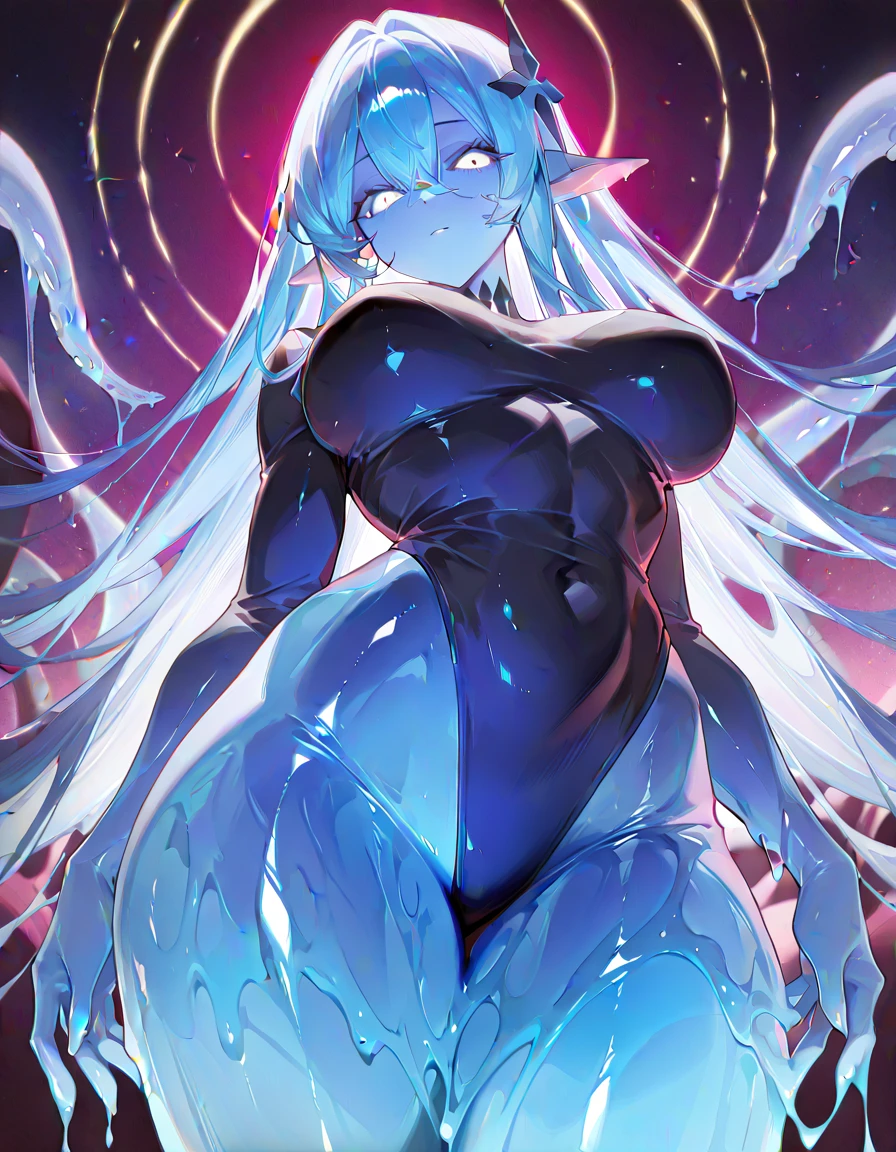 Liquid metal woman, whole body covered in shiny silver metal liquid slime, Big breast, nipples exposed, vagina exposed, Long shiny liquid silver metal slime ponytail hair, Glowing pink eyes, Liquid silver metal slime face, Sinister smile, Liquid shiny silver metal slime covering body.