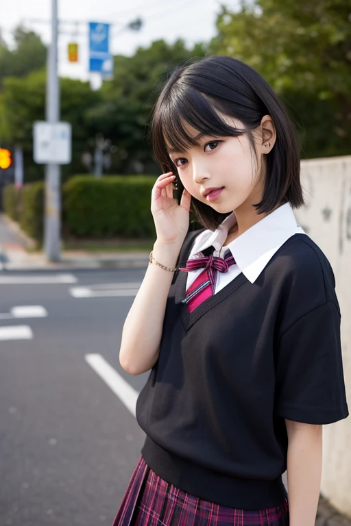 school girl, 1girl, (looking at viewer),  (bokeh:1.1), parted lips,expressionless, realistic, uniform,
realistic, 