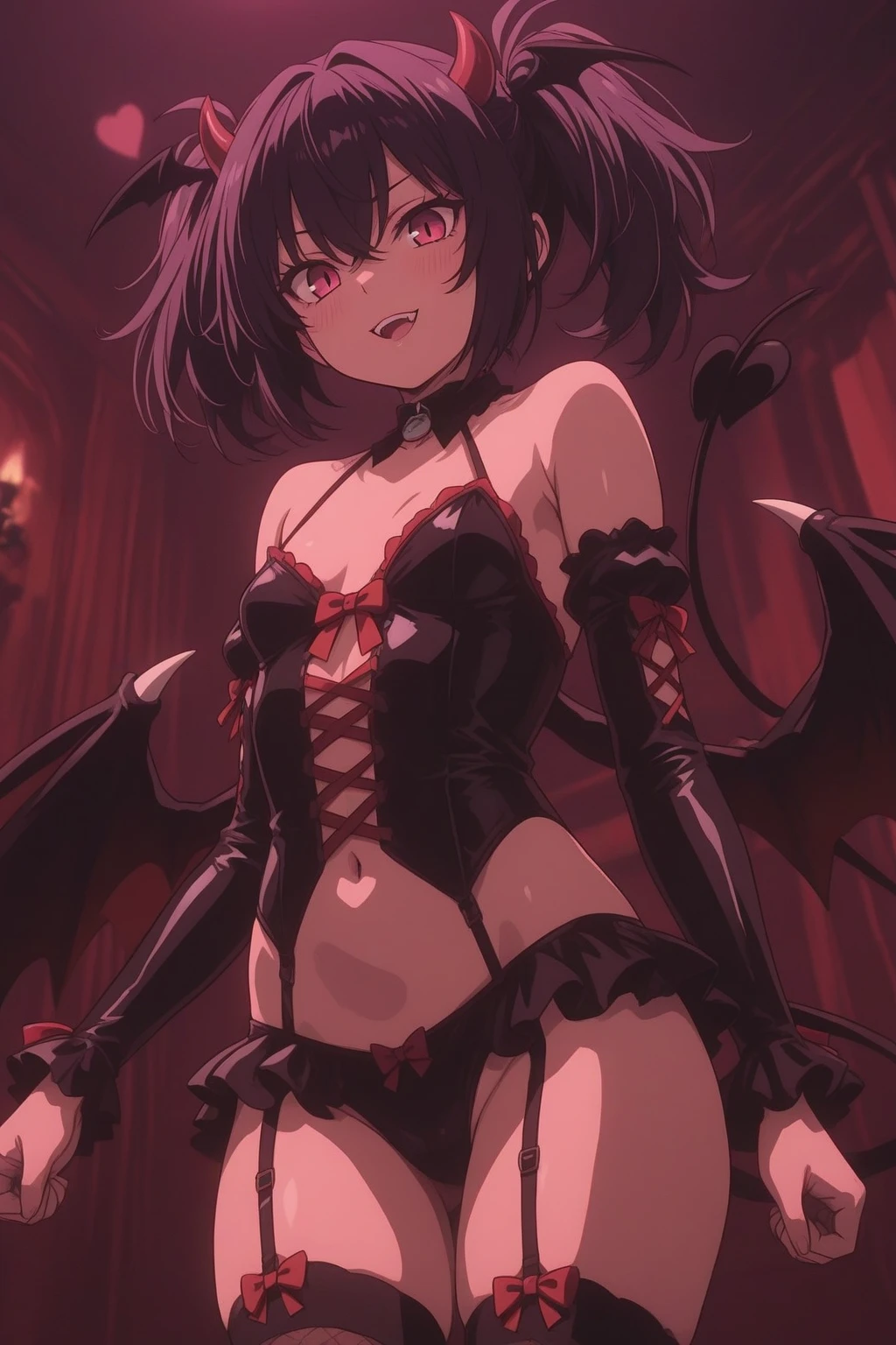beautiful succubus woman. 28 years, cabello negro. labios pintados, very pale skin, red eyes like rubies, bat wings on his back, sonrisa malvada, pechos grandes, violet sexy lingerie, fondo de un gothic castle por la noche, luna roja. una sola mujer mujer sola. manos perfectas. luz roja en sus ojos. gothic castle. azabache.