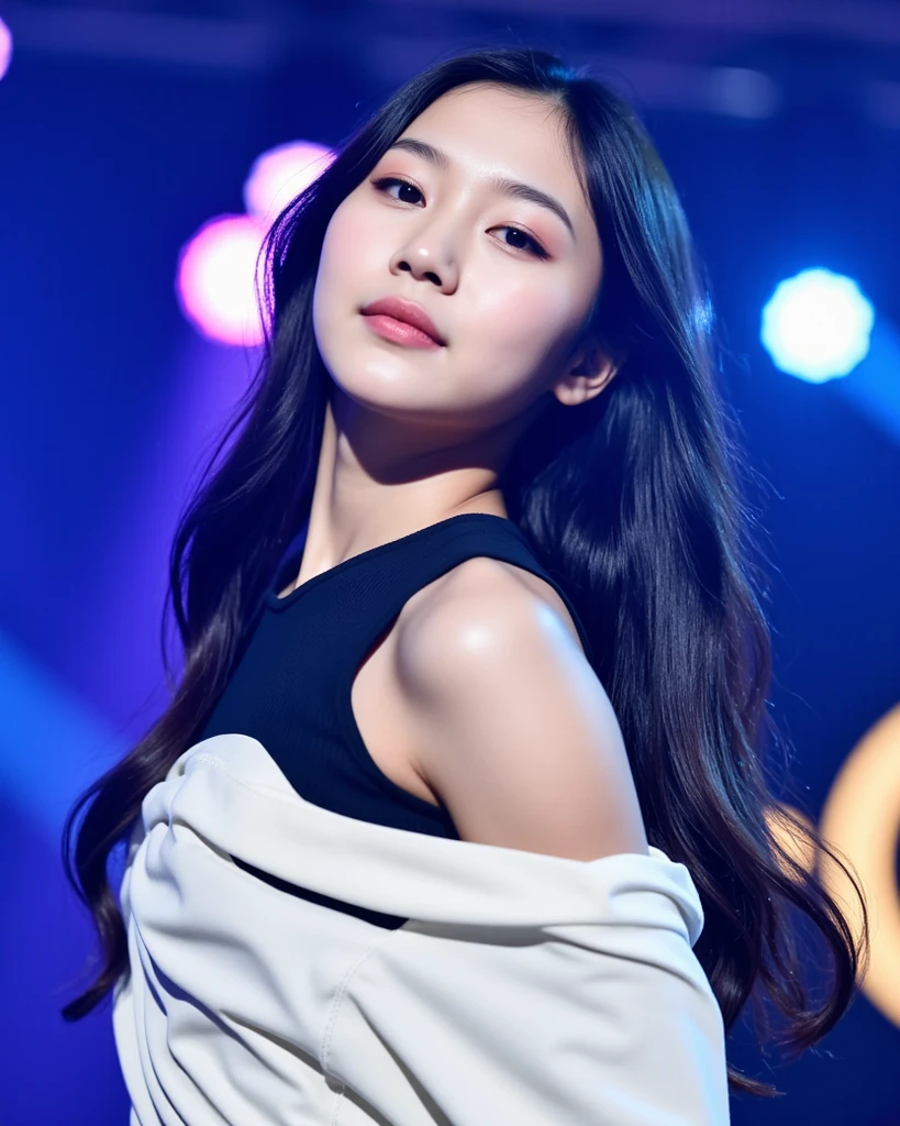 best quality, ultra high res, (photorealistic:1.4),1girl,<lora:iu_V35:1>,iu,arms behind back, clear sharp focus, volumetric lighting, soft lights, cinematic lighting, cinematic effects, Intricate details, long_hair, looking_at_viewer,((blue_hair)), dress, holding, jewelry, earrings, sleeveless, white_dress, blurry, black_eyes, realistic, standing, full body,As Lee Ji-eun takes the stage, the crowd erupts into cheers and applause. She's dressed in an eye-catching outfit, complete with glittering accessories and high heels. As she begins to sing, her powerful vocals fill the arena, captivating the audience and leaving them in awe of her talent.