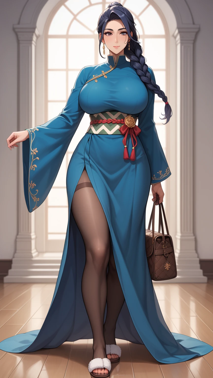 ((extremely realistic shading, masterpiece, extremely detailed, photorealistic)),Black hair,bright blue eyes,pearl necklace,necklaces,blue Chinese clothing,blue gloves,blue high heels,